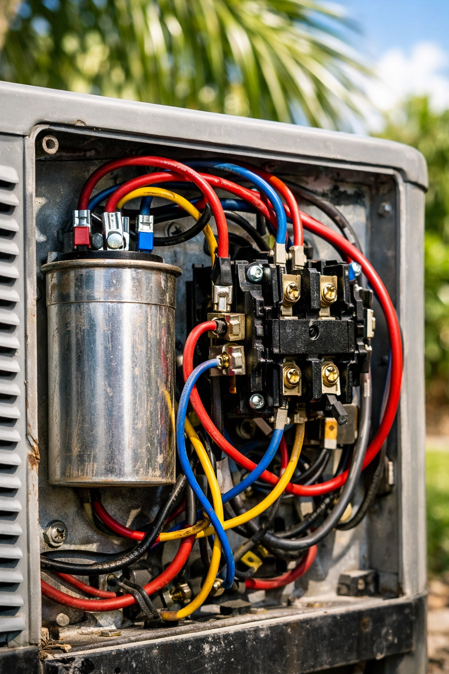 Detailed view of an AC electrical panel and capacitor during routine ac maintenance.