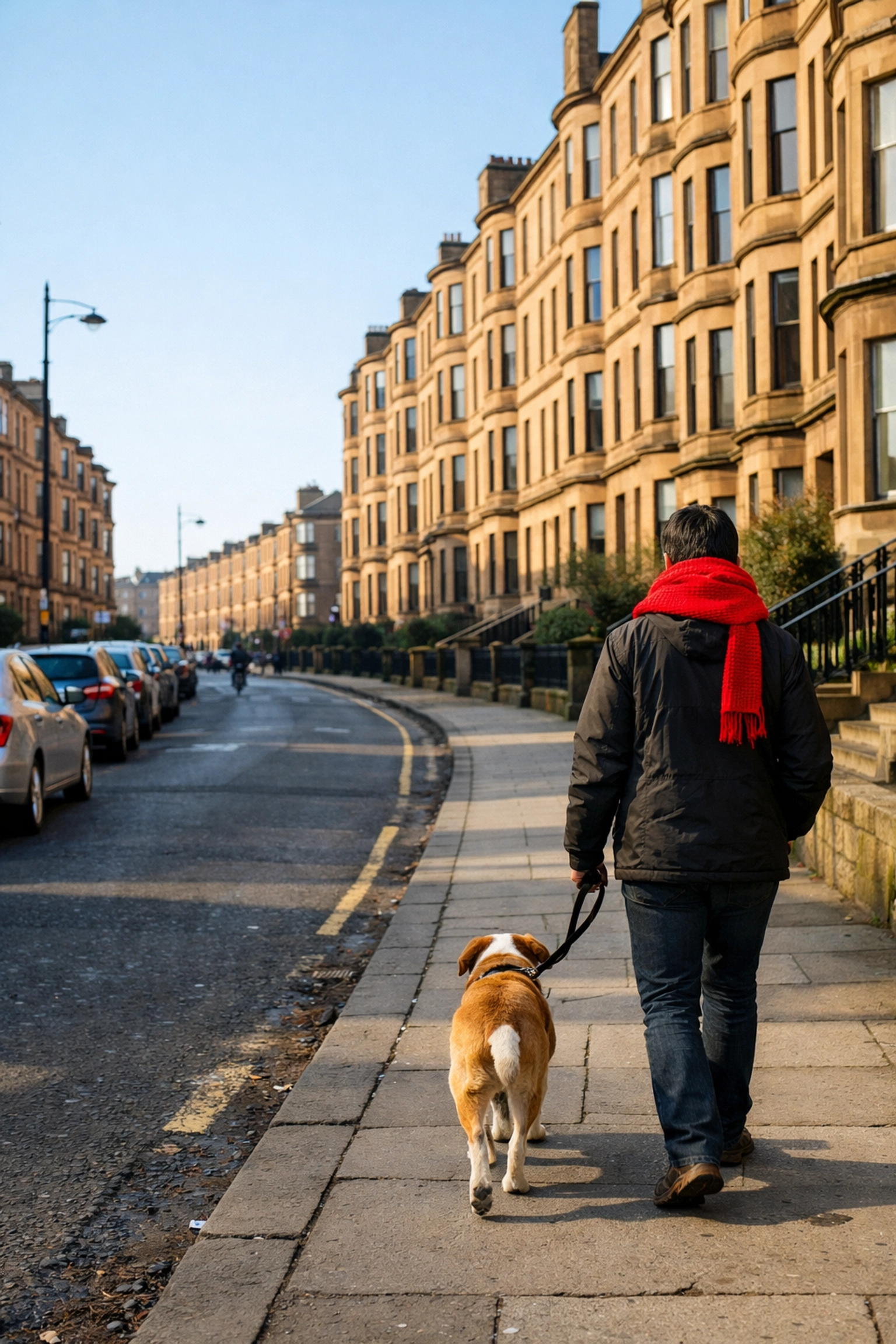 Traditional blonde sandstone tenement street in Glasgow West End G11, featuring houses for sale in Glasgow.