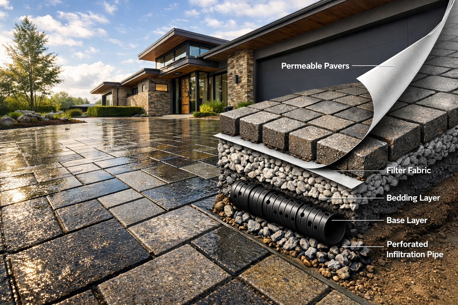 Architectural cross-section of permeable pavers and underground stormwater infiltration systems for a driveway.