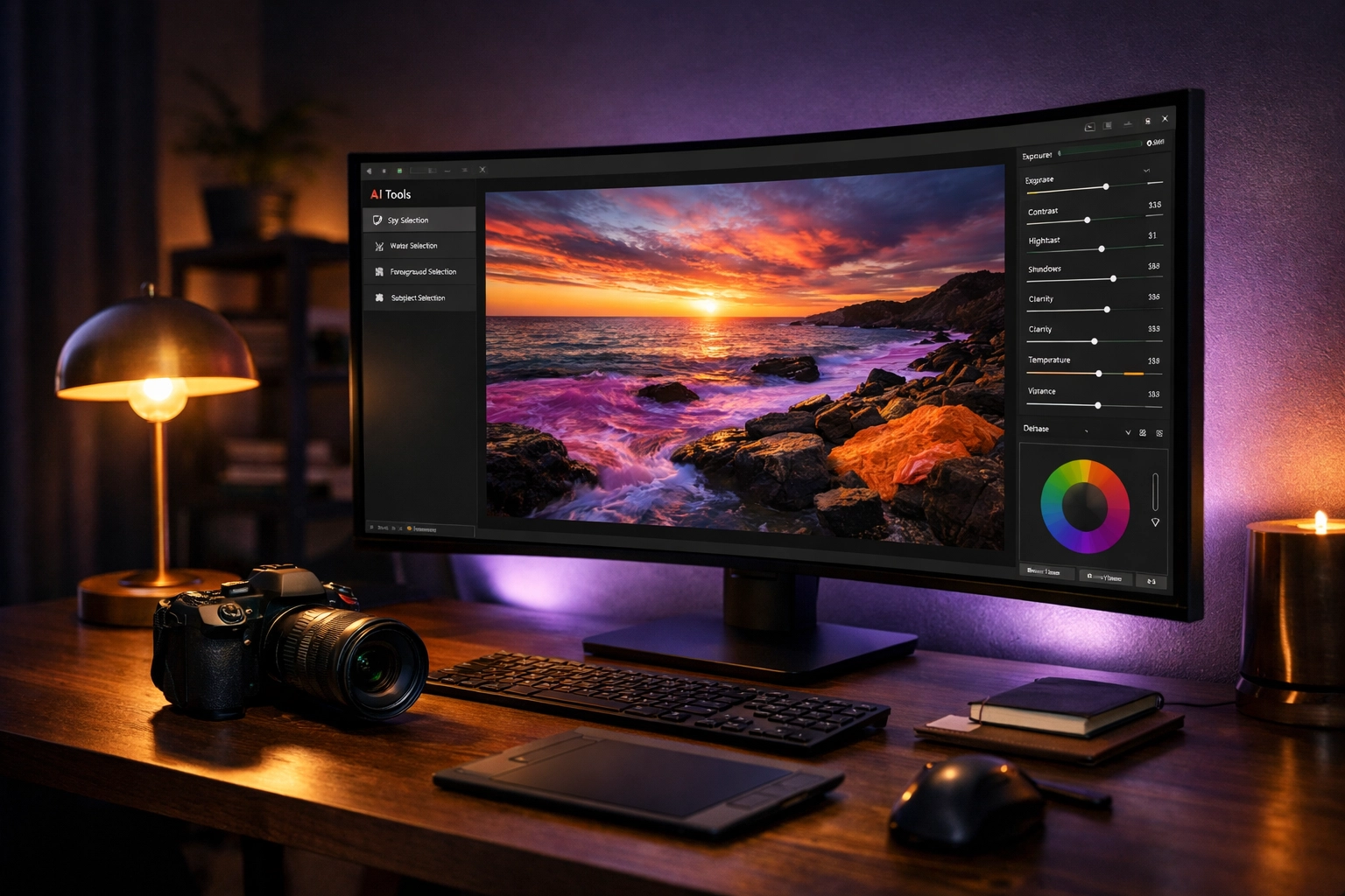 A modern photography studio setup featuring a professional monitor for advanced AI photo editing workflows.