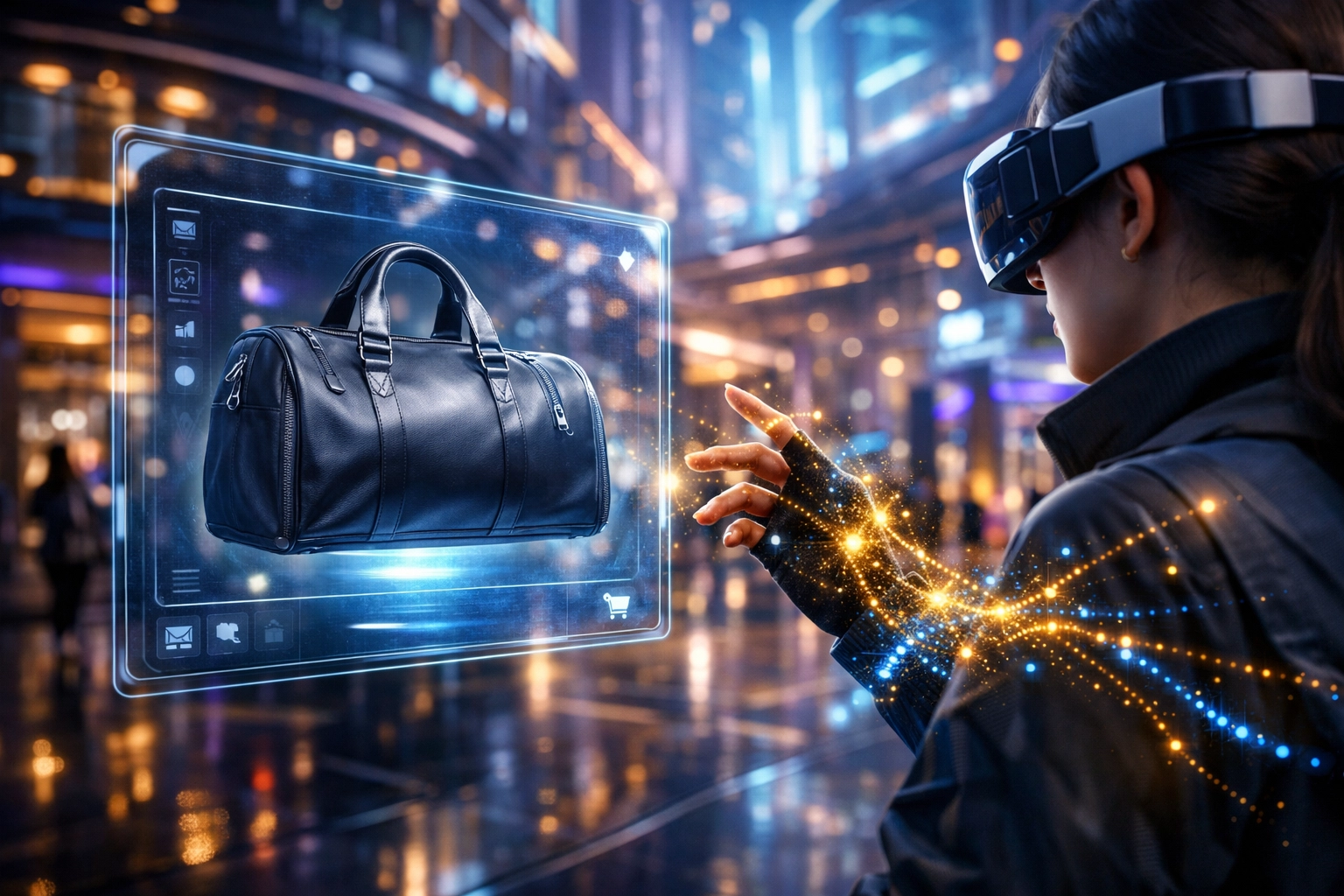 Secure metaverse shopping featuring Larecoin AI biometric fraud protection in a virtual storefront.