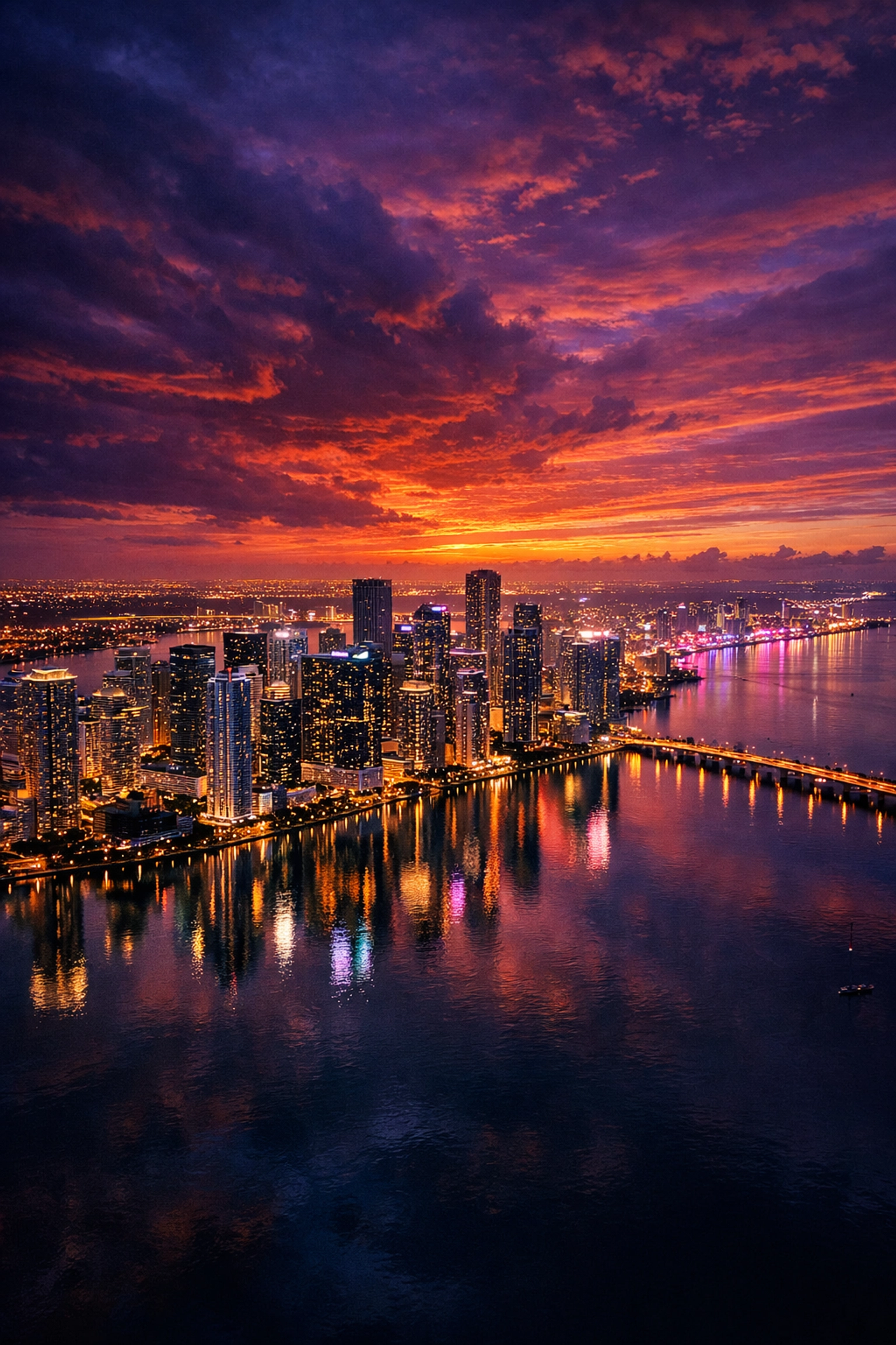 Aerial view of the illuminated Miami skyline at sunset, showcasing high-end commercial brand photography.