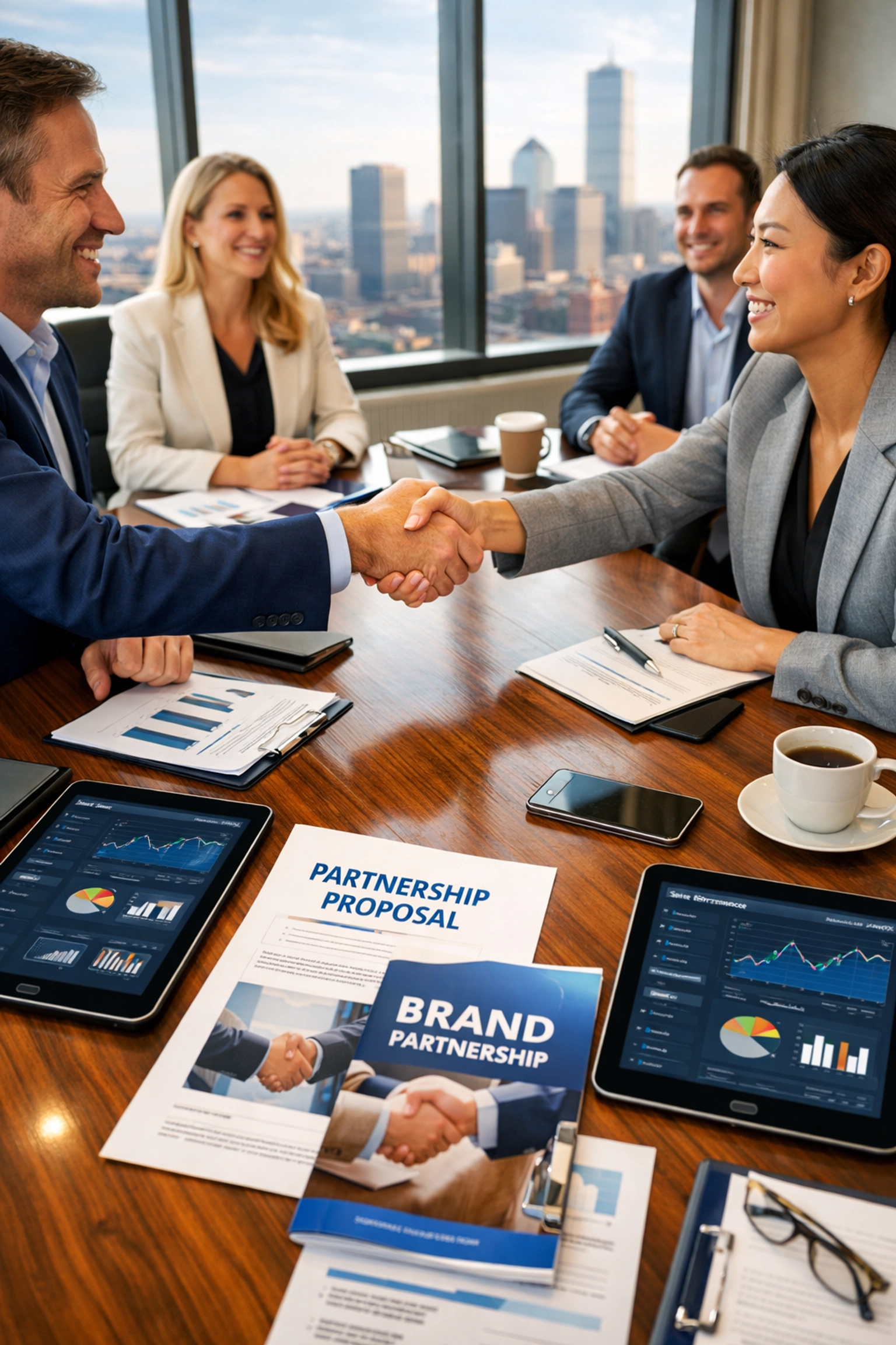 Business professionals shaking hands over brand partnership strategy documents and analytics
