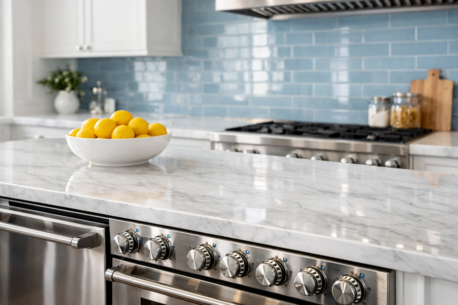 Sanitized luxury kitchen with marble countertops, part of our house cleaning Saugus MA service.