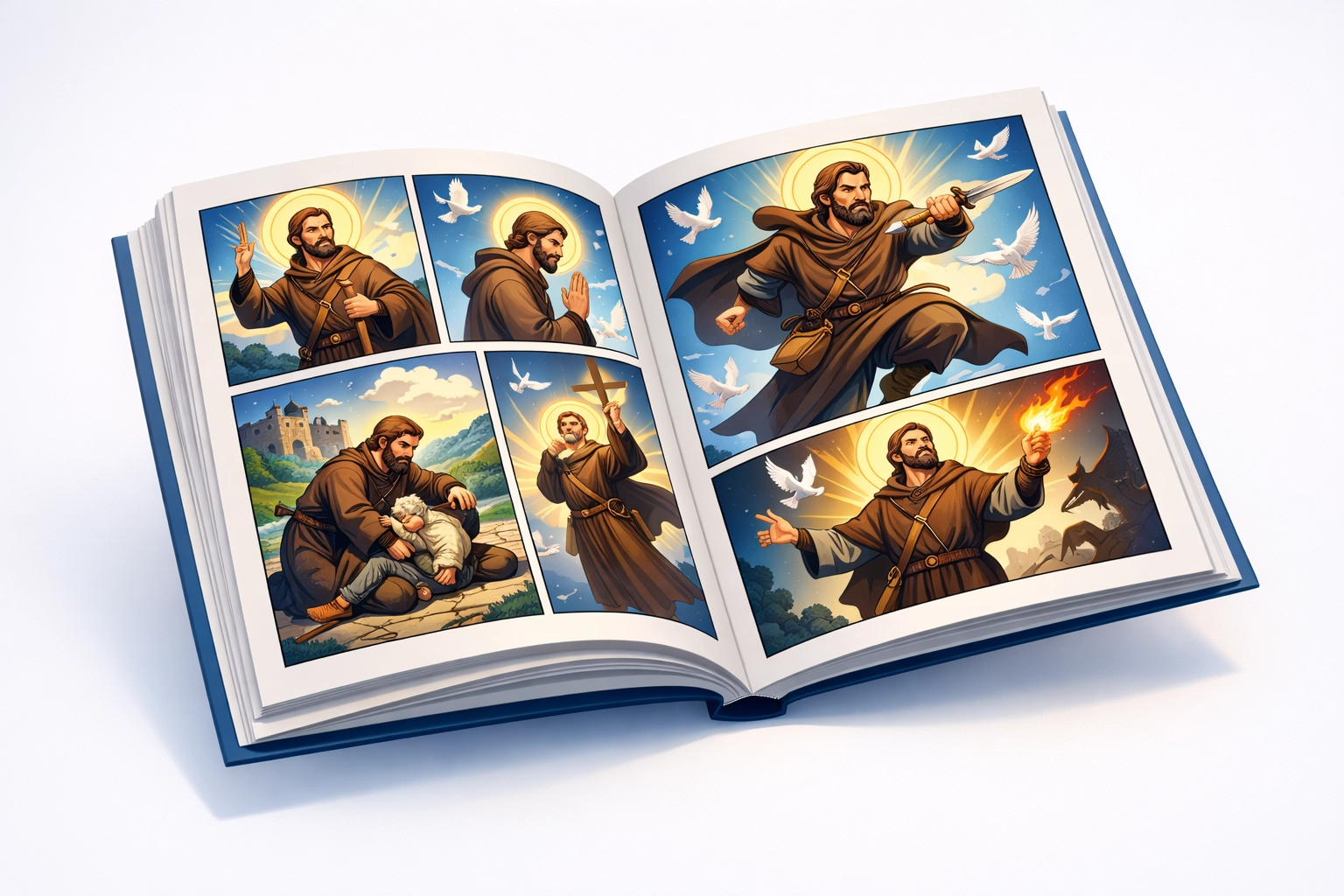 Open graphic novel featuring saint story with illustrated panels for Christian children's fiction
