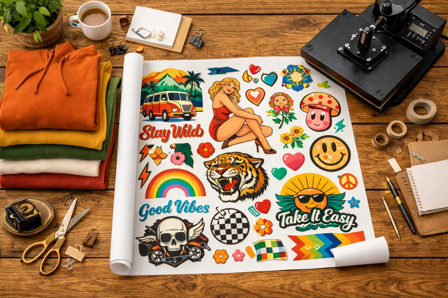 Large DTF gang sheet with various designs unrolled on a table for scaling custom apparel production.