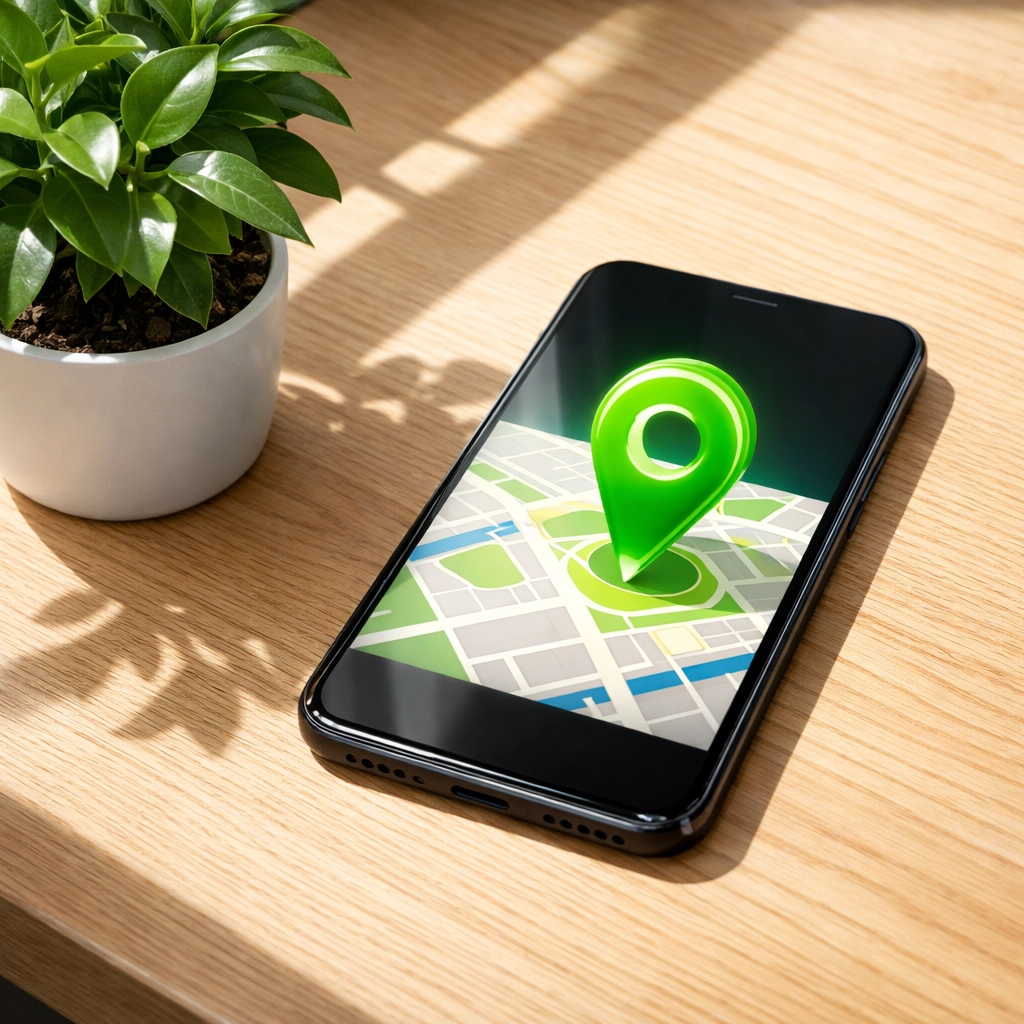 Smartphone displaying a local map and green location pin for local SEO in Innisfil.