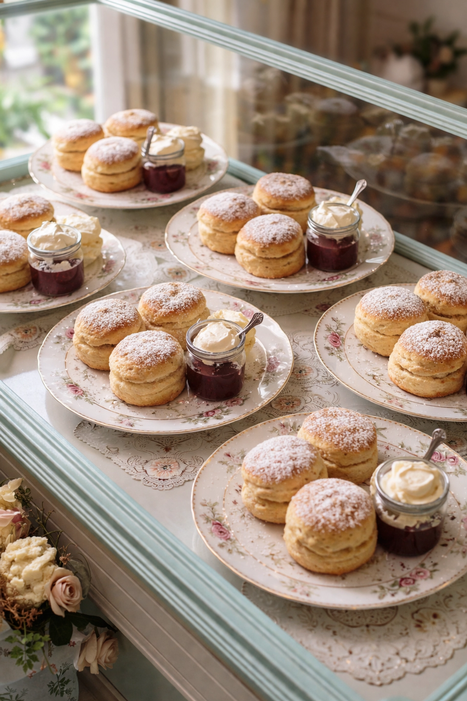 Bakery display with rows of round English scones, clotted cream, and jam on floral china plates