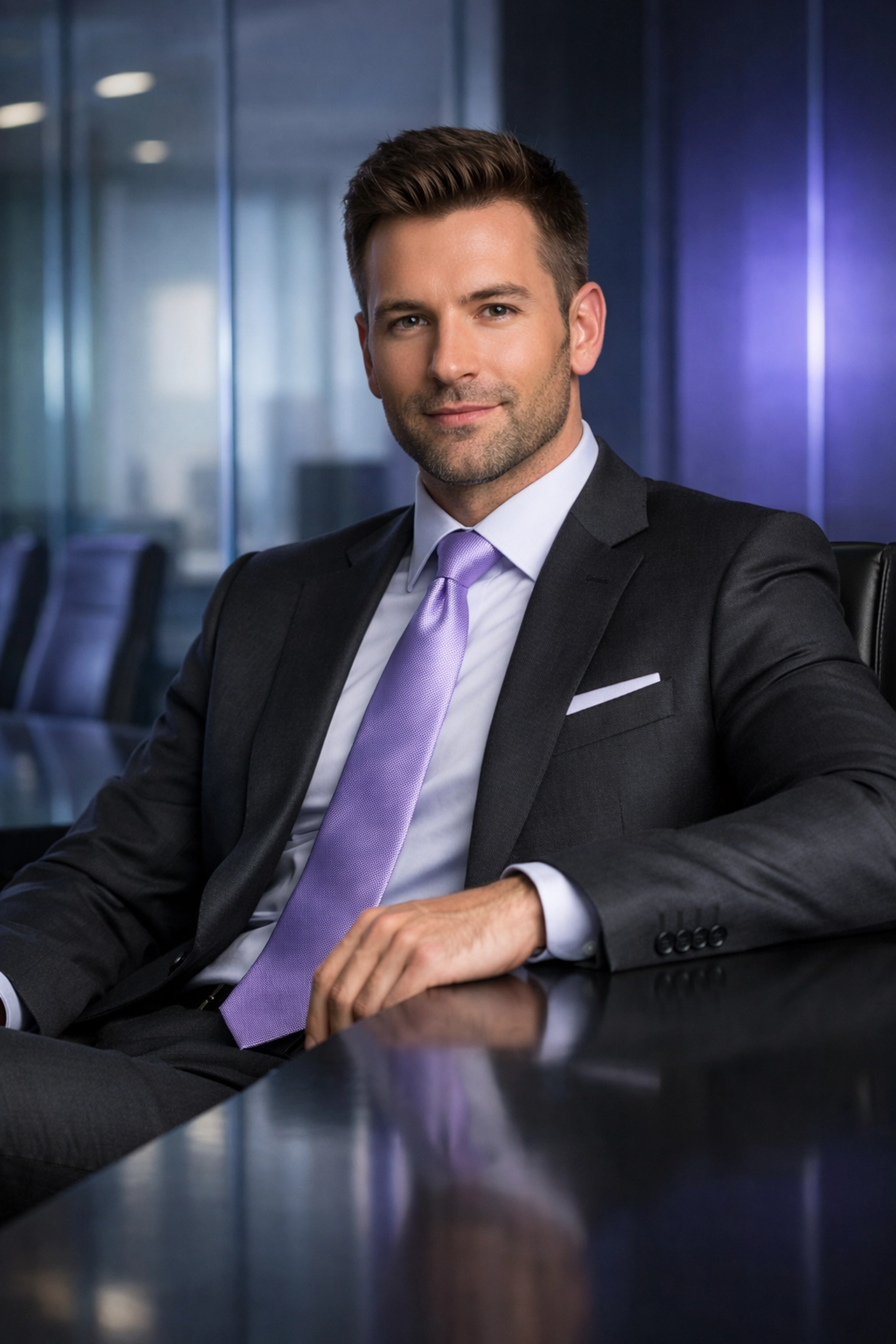 Confident gay man in a business suit in a boardroom illustrating professional queer leadership.