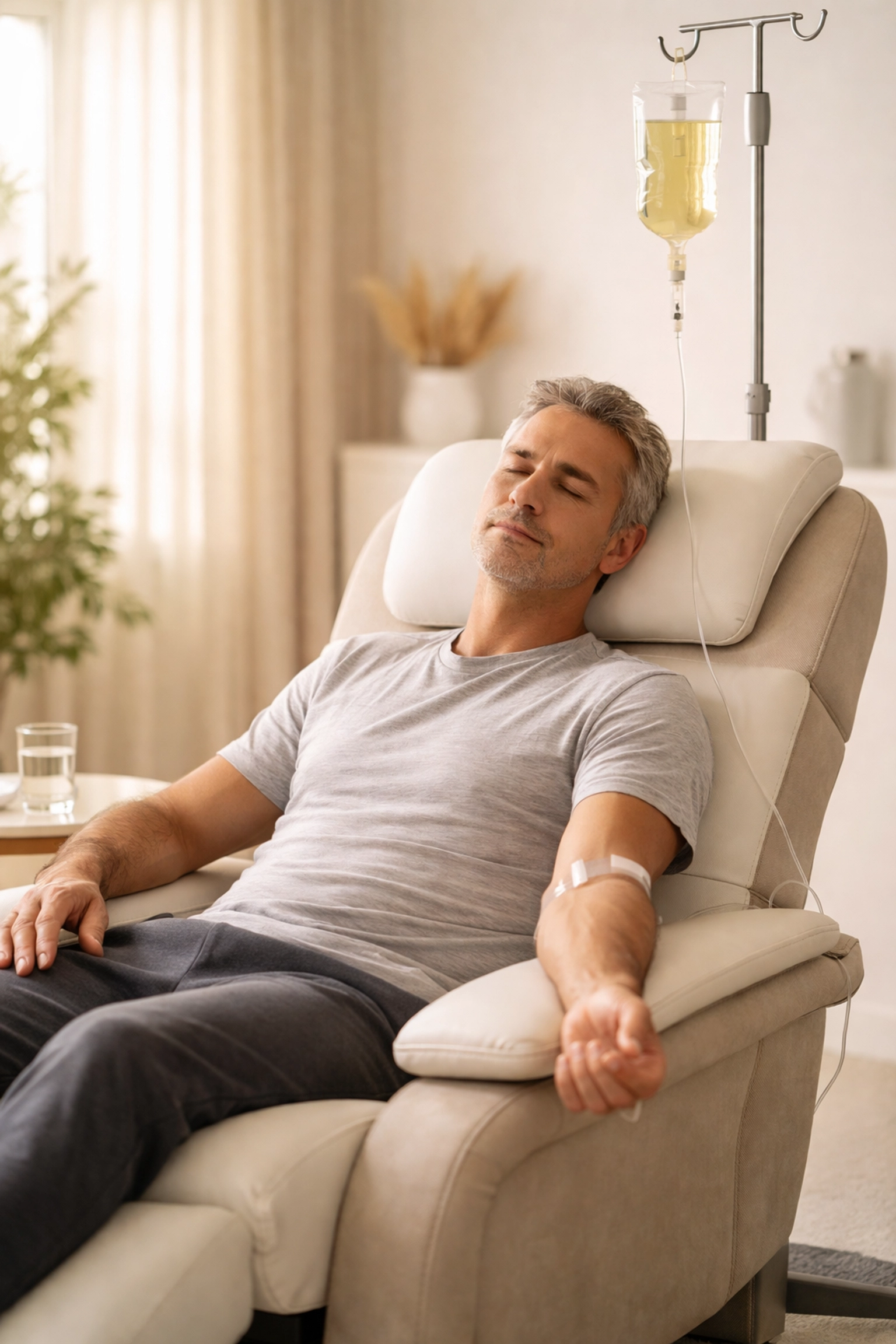 Middle-aged man receiving IV therapy wellness infusion in a relaxing, modern Albuquerque clinic.