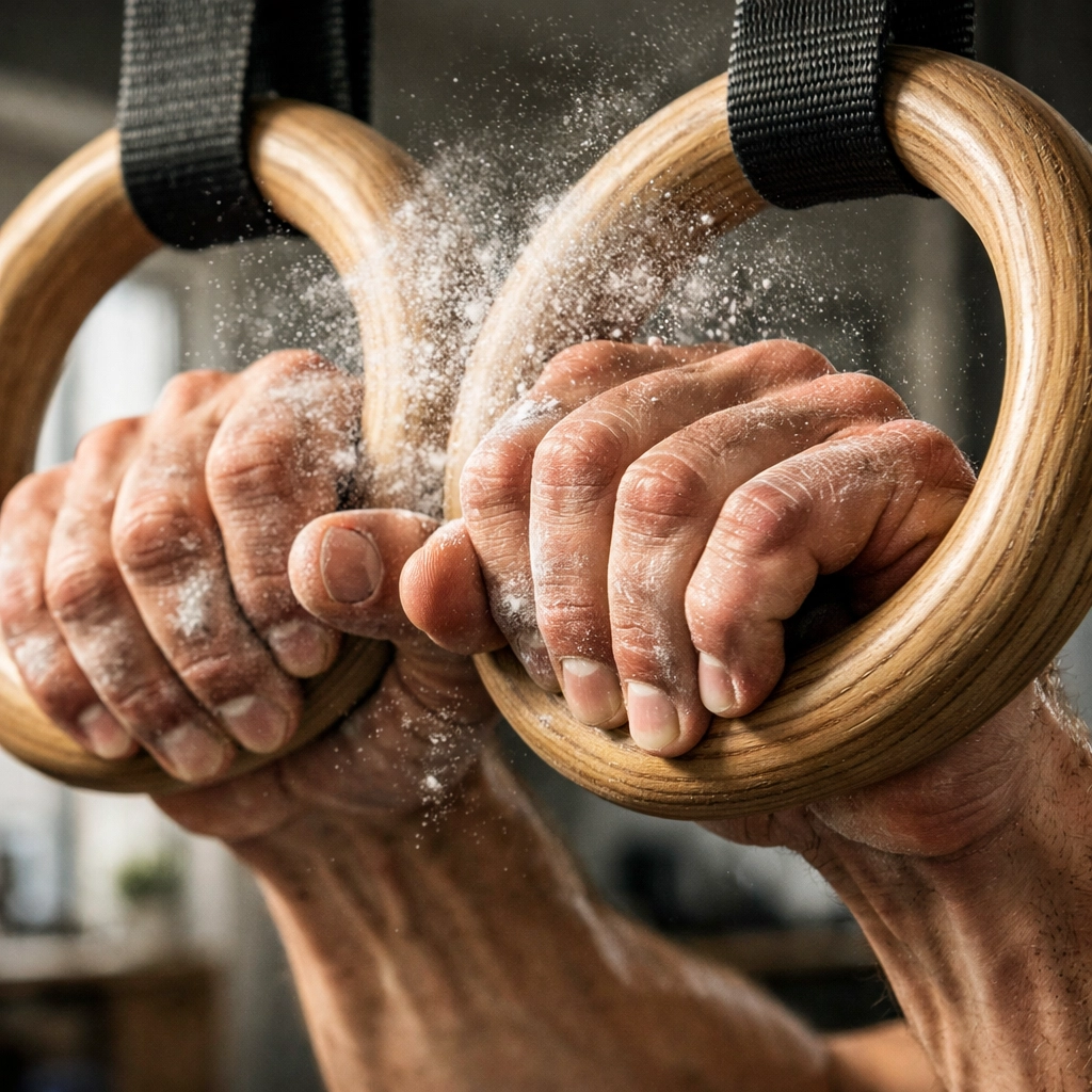 Muscular hands with chalk gripping birch wood gymnastic rings for advanced bodyweight training.