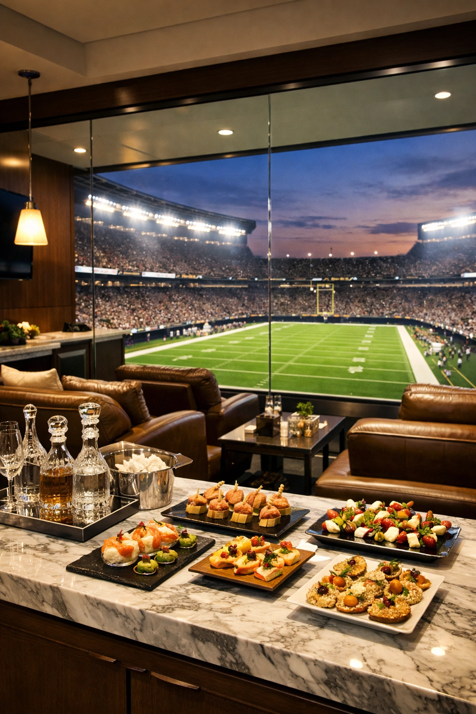 Luxury VIP stadium suite with elite corporate hospitality for high-level Super Bowl networking.