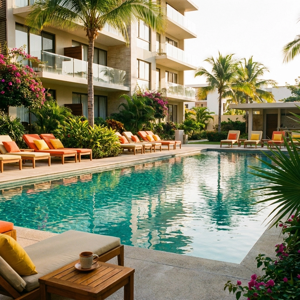 Morning view of a Puerto Vallarta condo rental swimming pool surrounded by tropical plants and lounge chairs