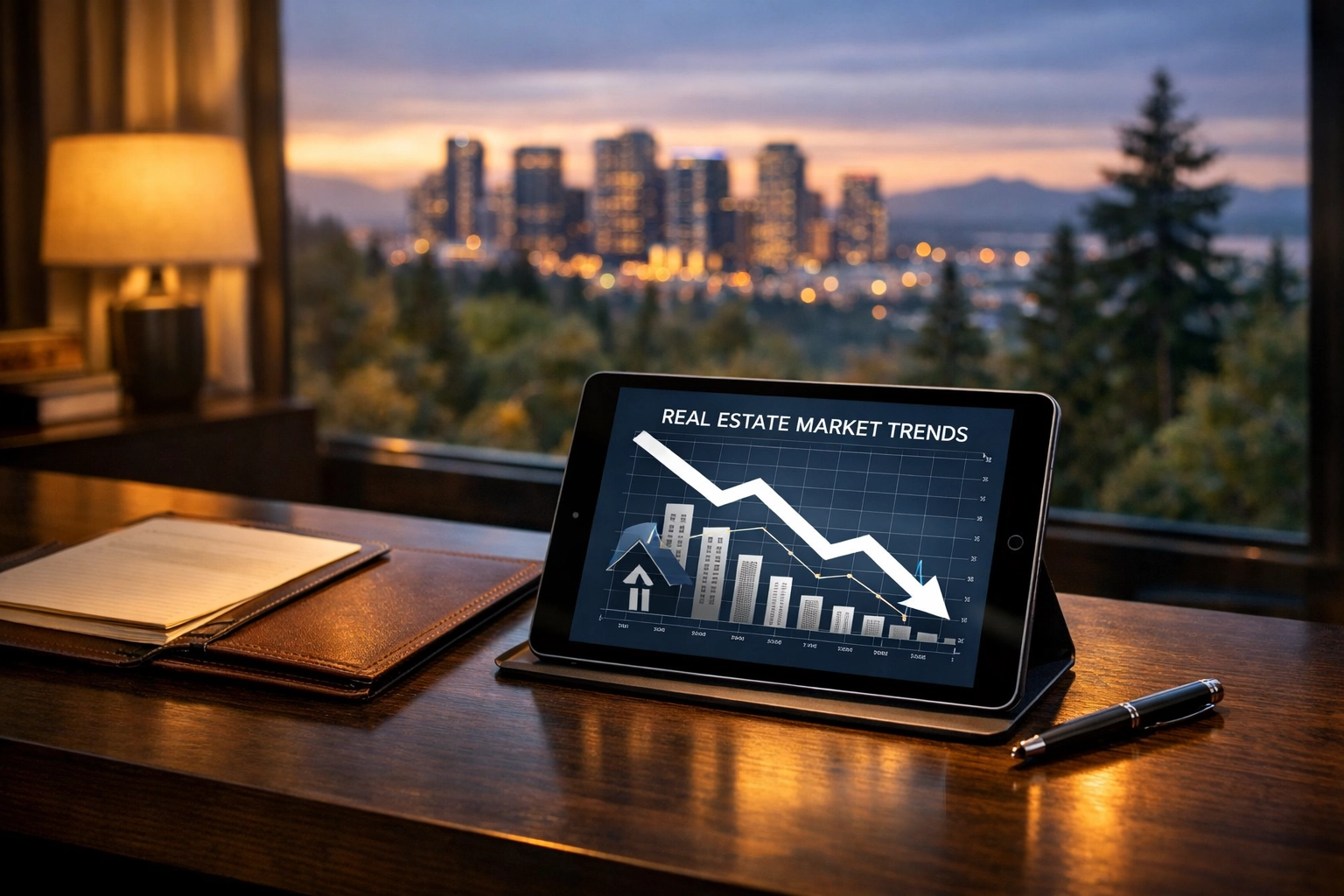 Professional home office in Bellevue showing property tax data charts for a successful King County appeal.