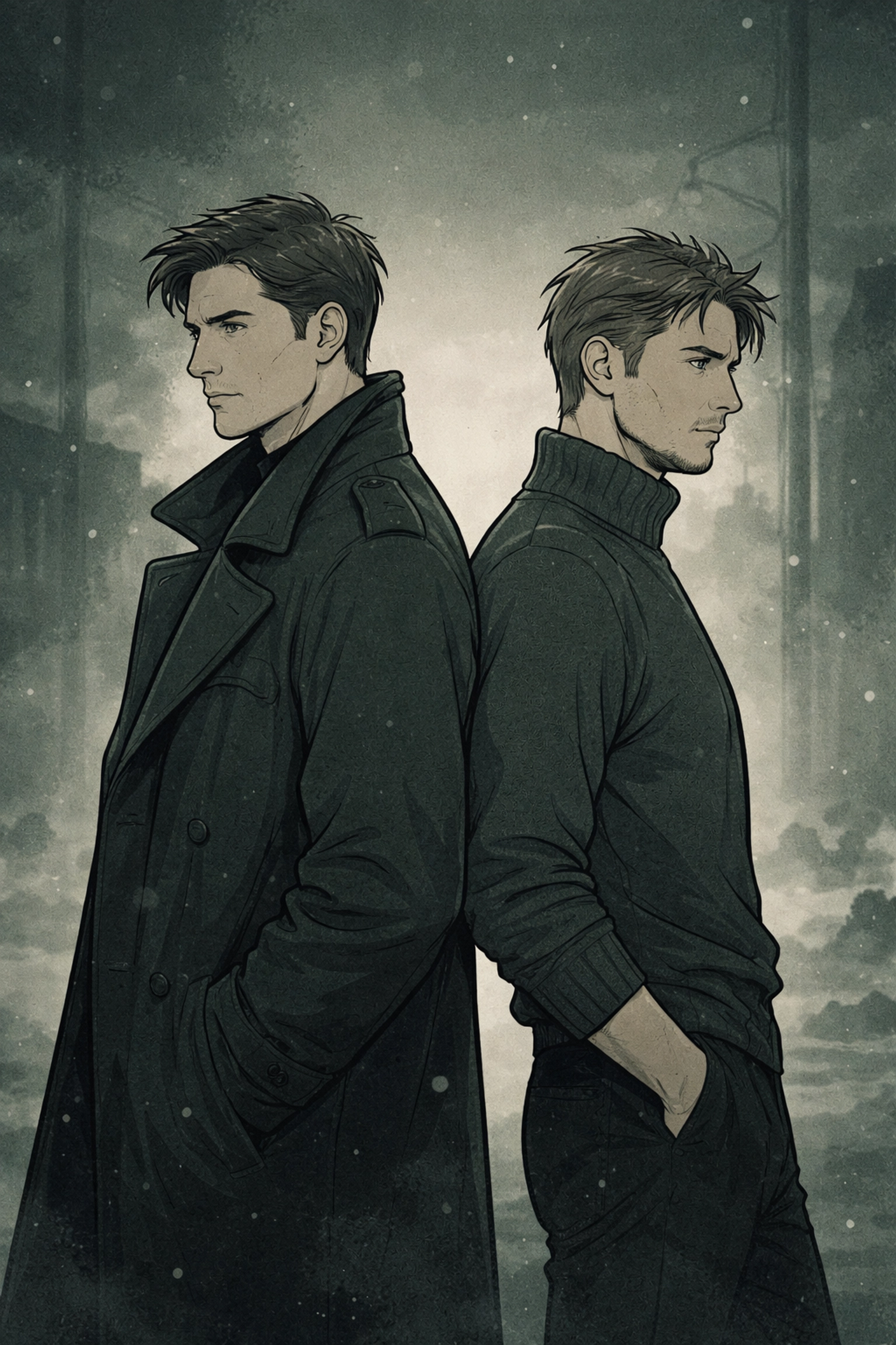 Illustration of two men back-to-back in Cold War-era setting, showcasing emotional tension in a spy thriller romance.