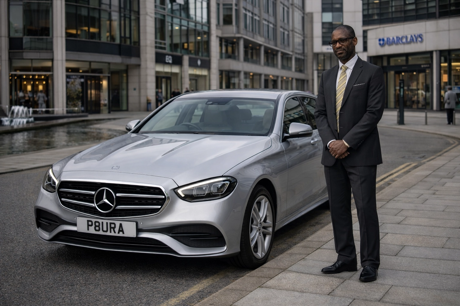Professional chauffeur standing beside a silver Mercedes-Benz executive vehicle in a high-end Nottingham business district.