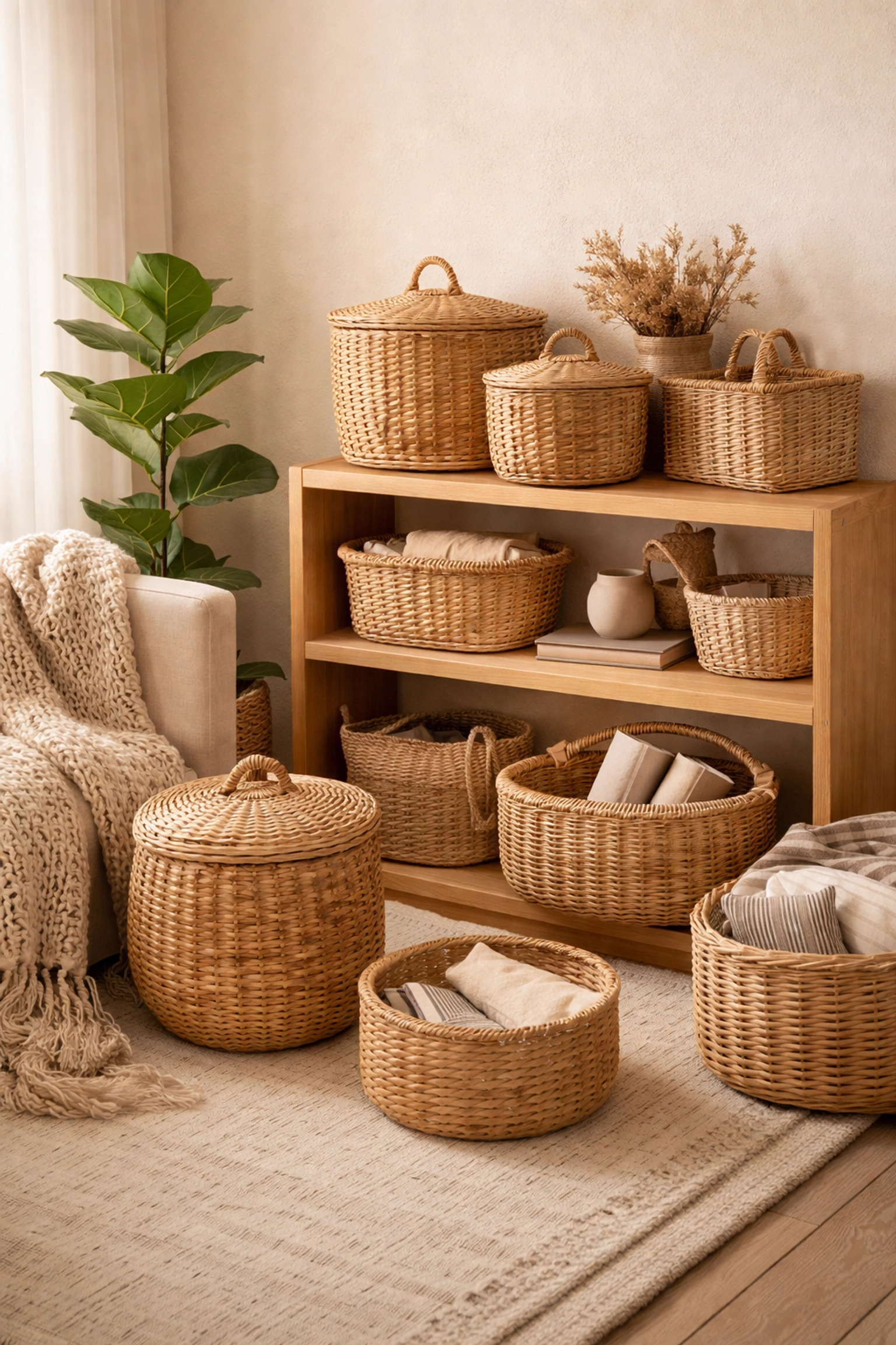 Hand-woven rattan storage baskets and cozy knitted throw in a warm, inviting bohemian living room