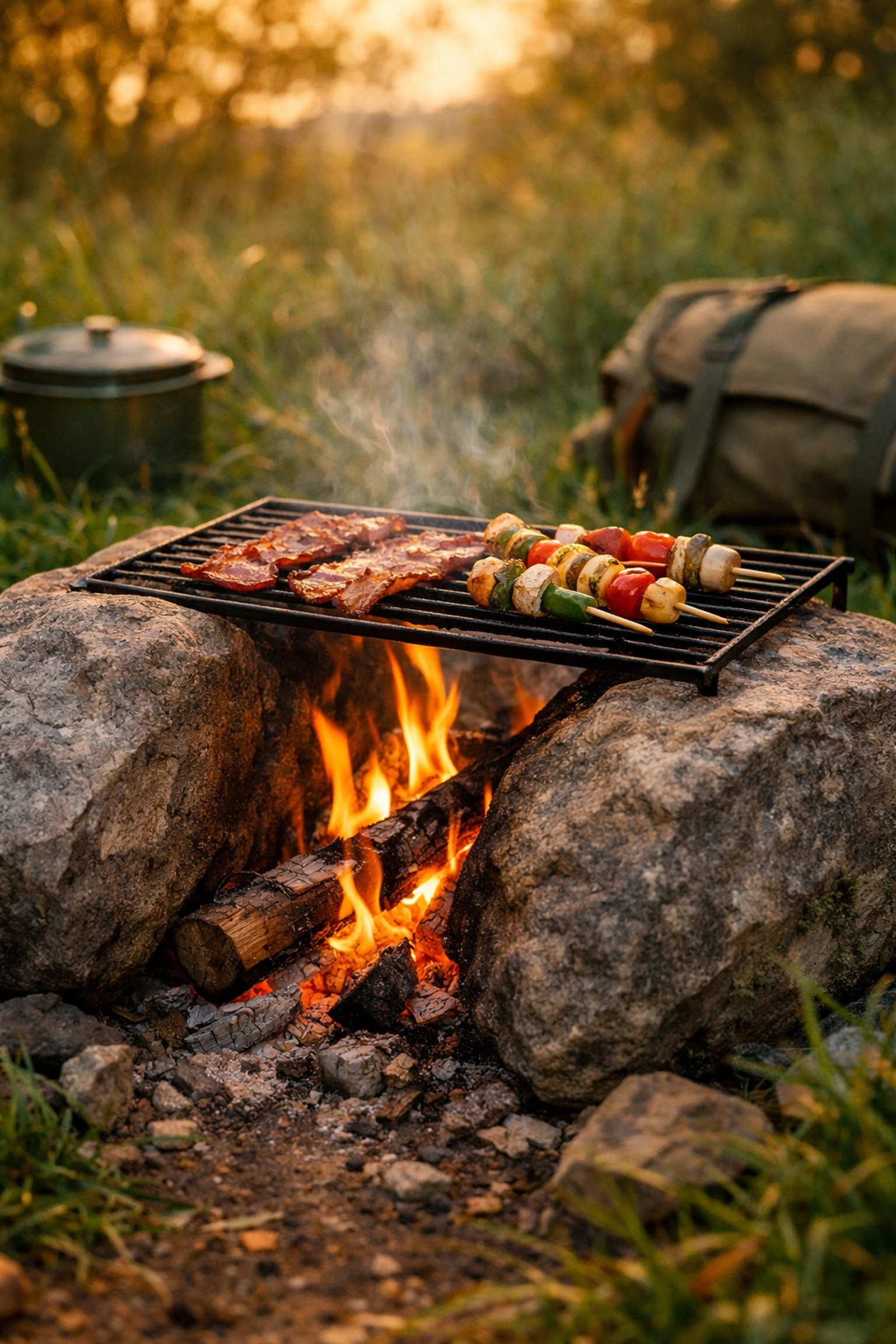 Campfire cooking setup using U-shaped rock method with grate over flames