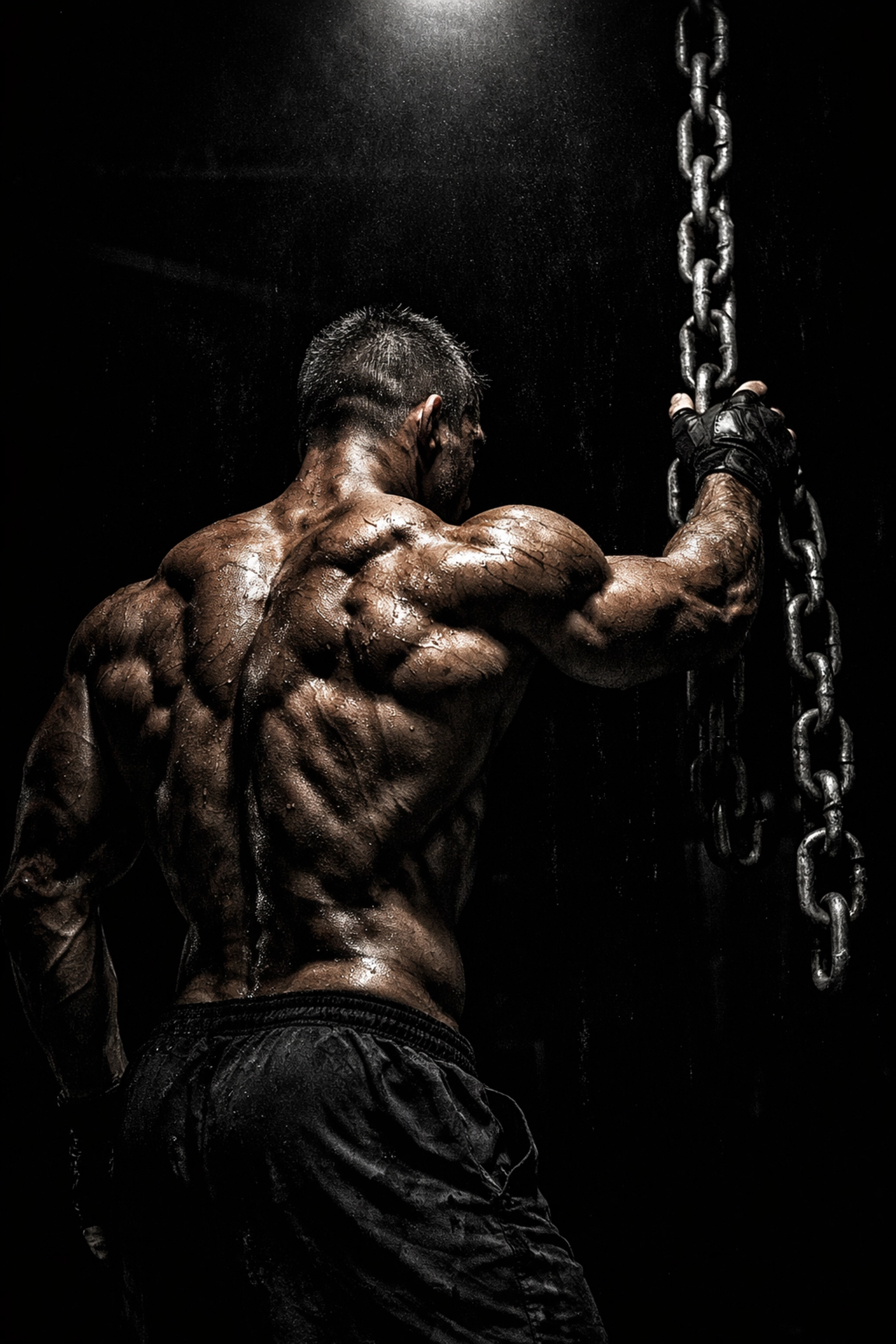 Muscular athlete in a dark gym showing the results of a disciplined, data-driven bodybuilding protocol.