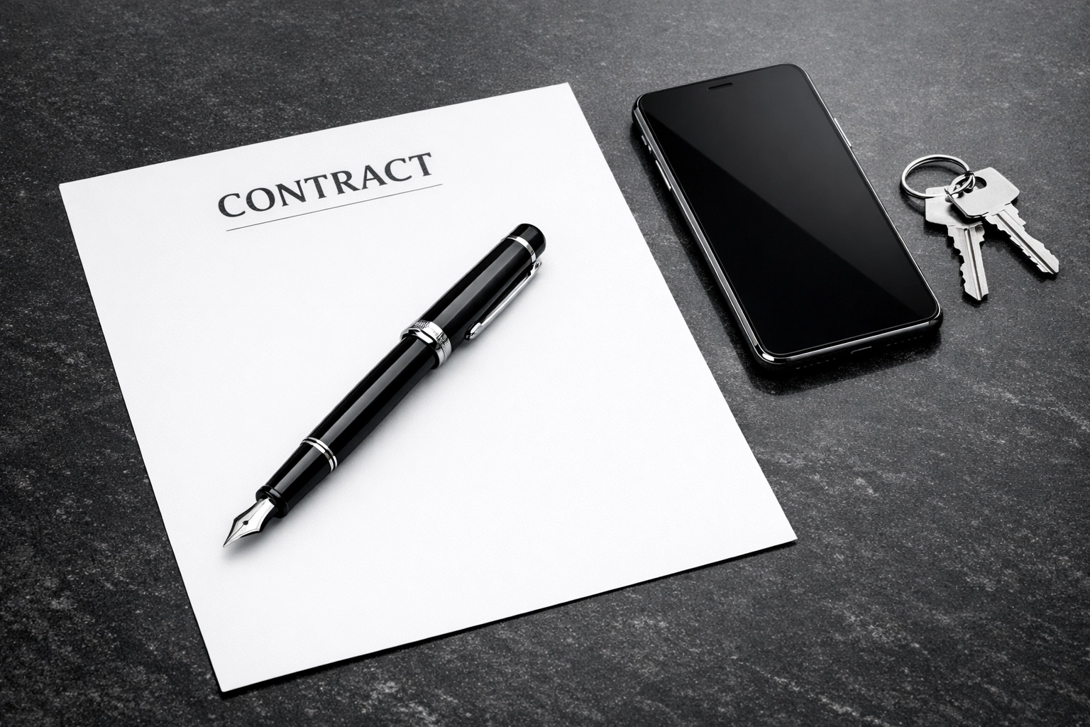 Signed construction contract and pen illustrating finance representation for property developments.