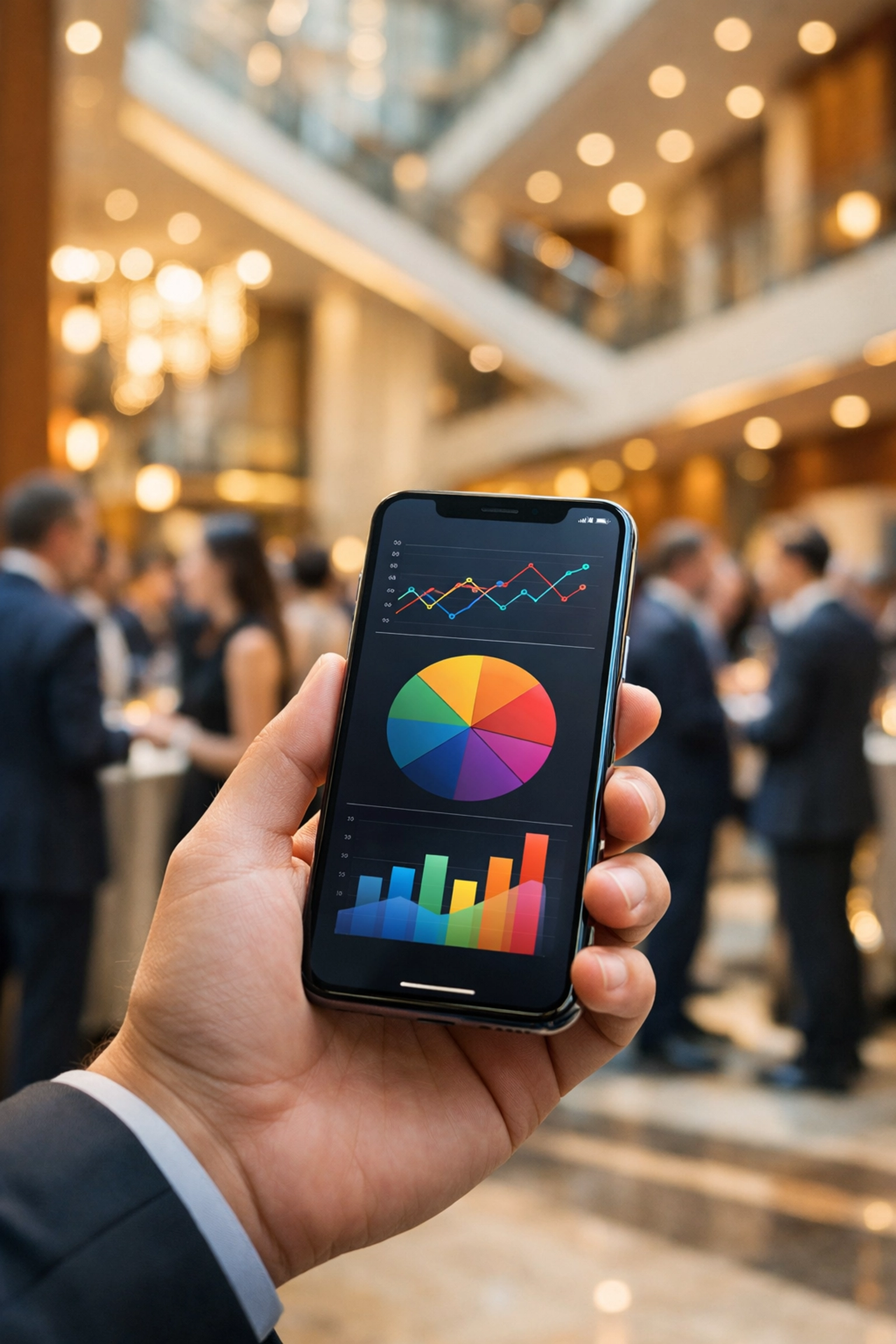 Smartphone showing marketing data during a corporate networking event for Super Bowl branding.