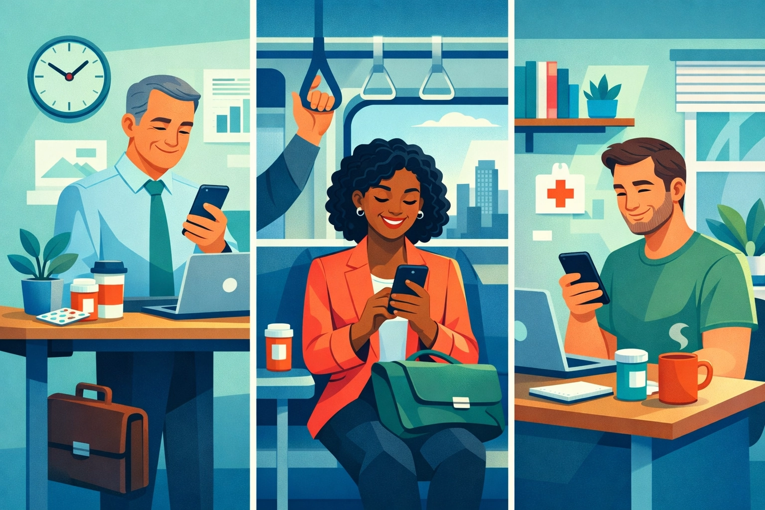 Busy professionals using mobile phones for convenient online prescription refills