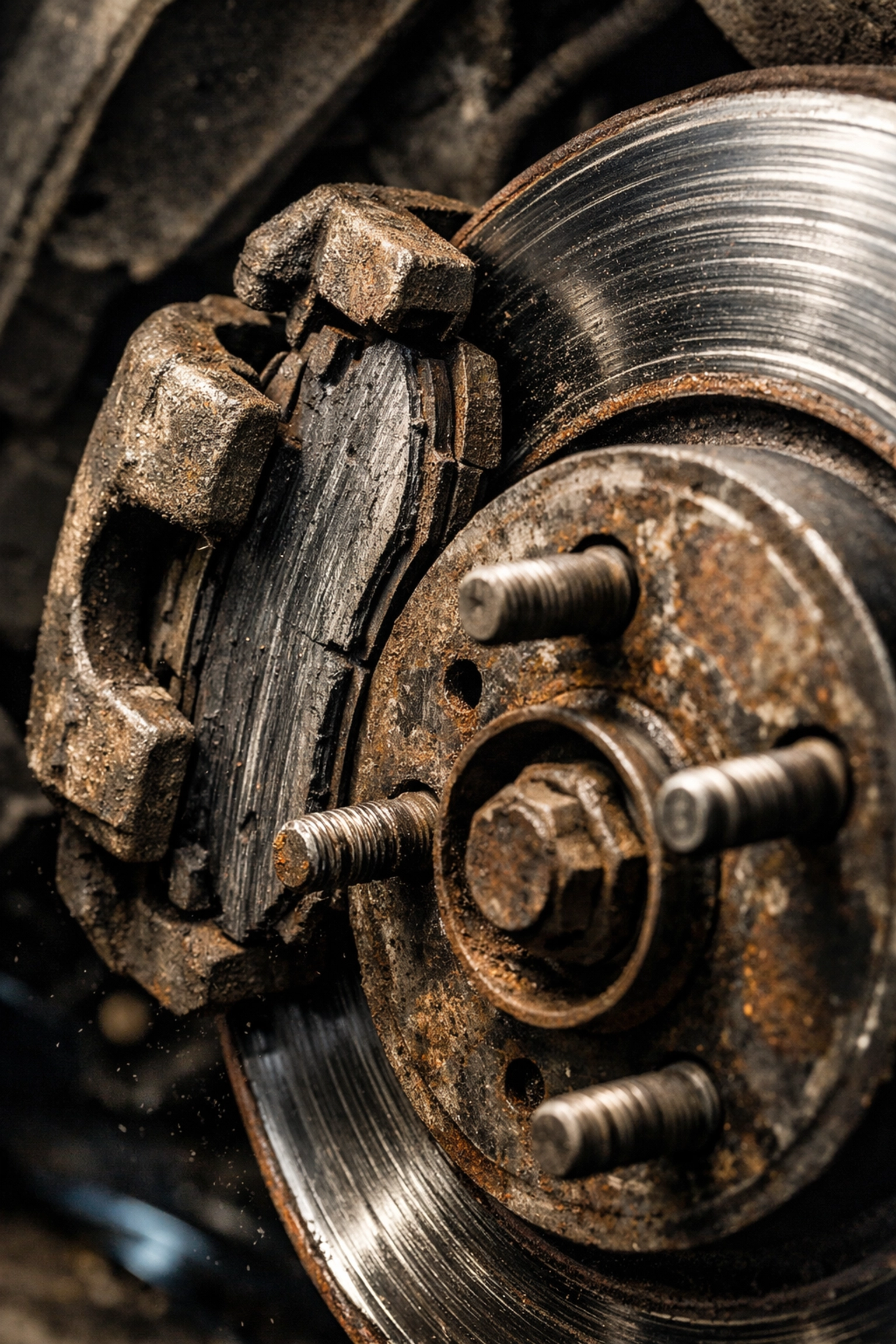 Worn brake pads and rotors showing signs of needed replacement and maintenance