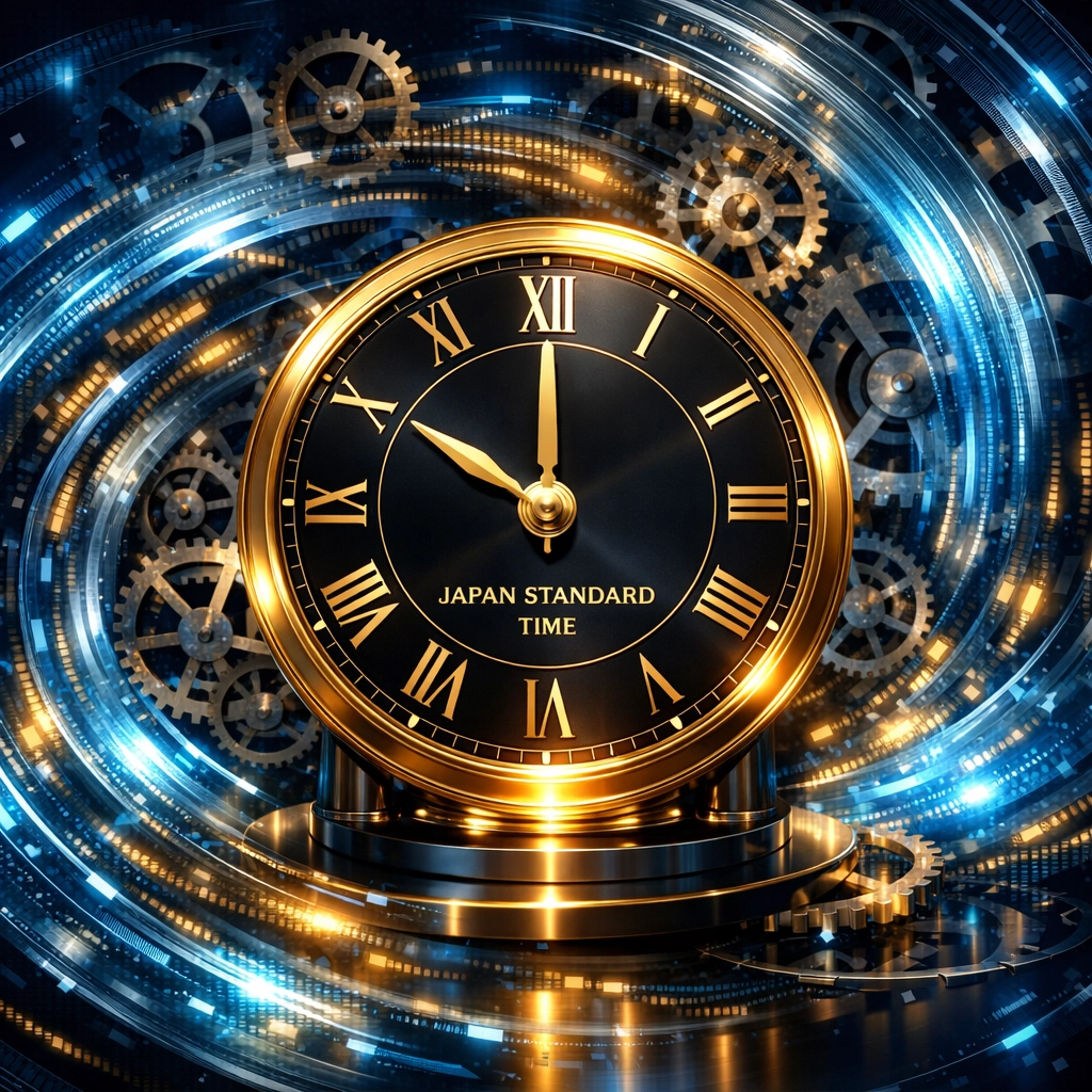 A glowing clock representing stable Japan Standard Time amidst shifting global time zones for team scheduling.