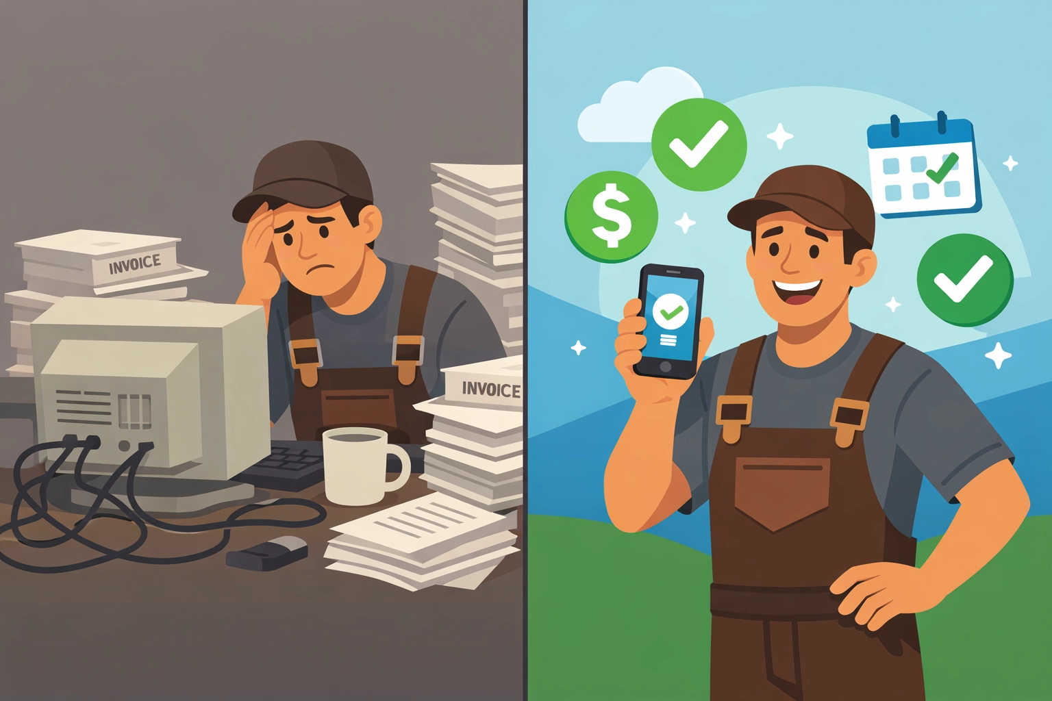 Plumber comparing outdated paper invoicing to modern digital invoicing software on smartphone
