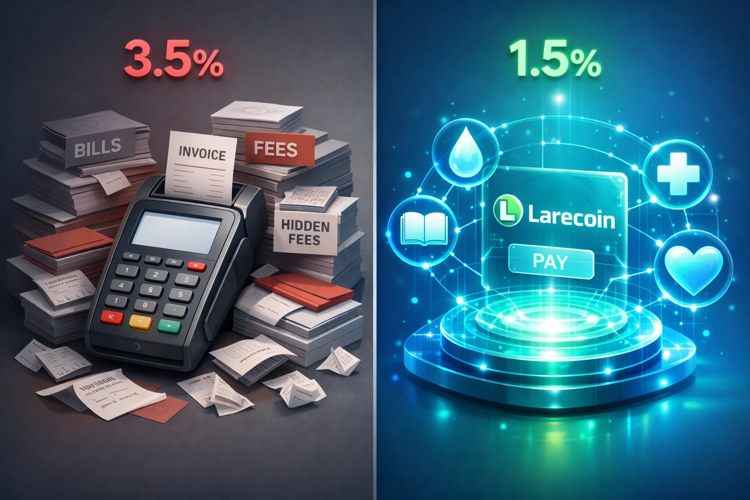 Traditional payment fees compared to Larecoin's 1.5% rate with blockchain charity connections