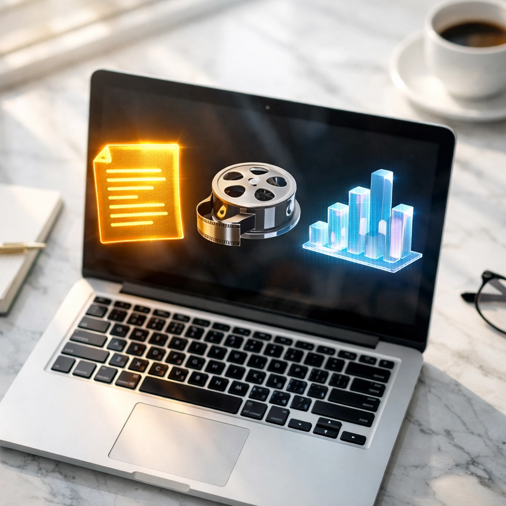 Laptop workspace with icons for multi-modal content strategy including video, data charts, and interactive tools.