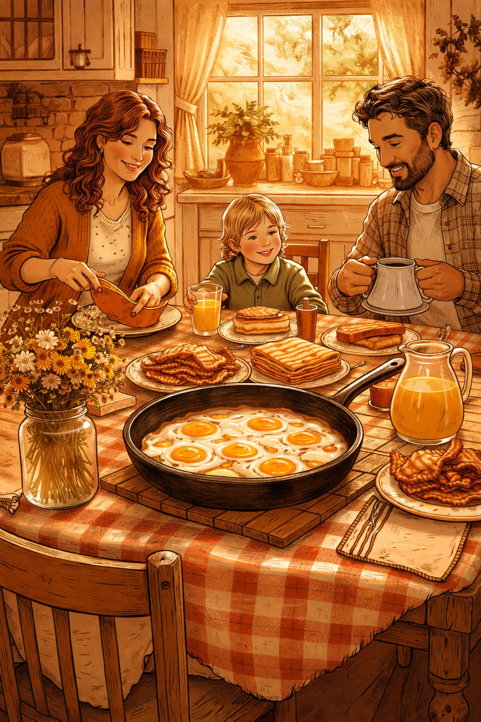 Family enjoying a farmhouse breakfast with skillet eggs, highlighting the joy of local farm fresh eggs.