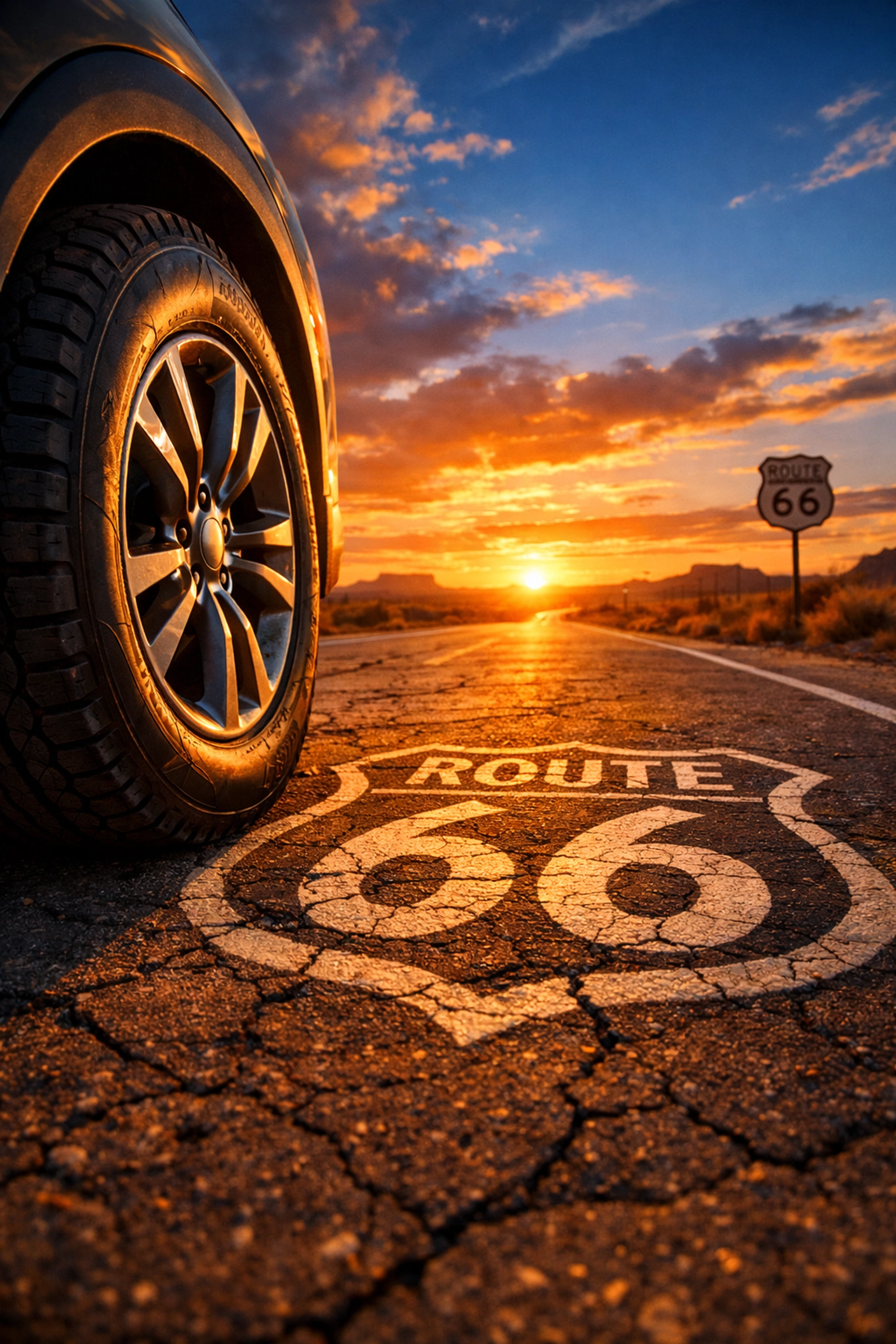 Reliable car tire on Route 66 showing sturdy tread for safe driving in Arizona.
