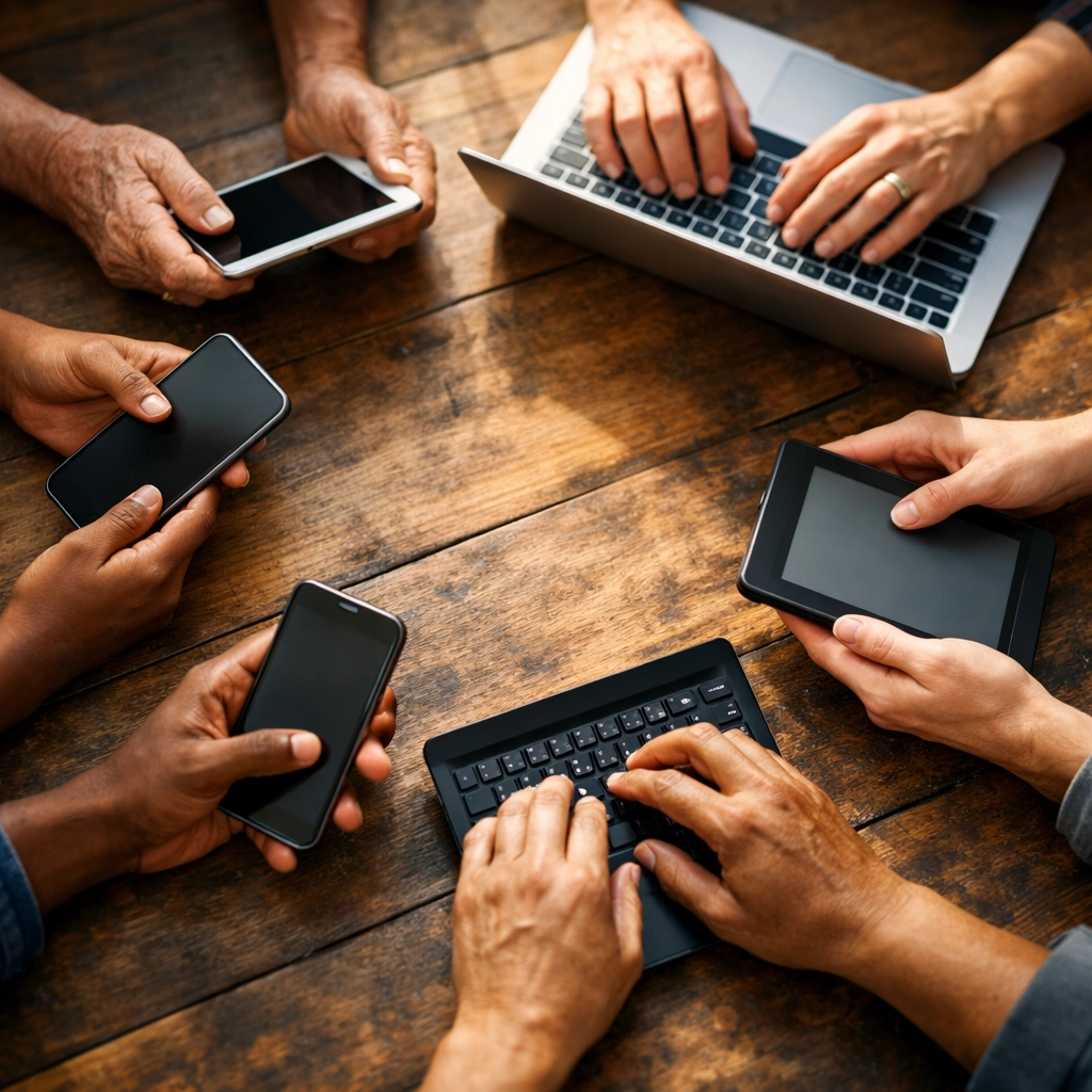 Diverse hands holding devices in community circle showing faith and technology together