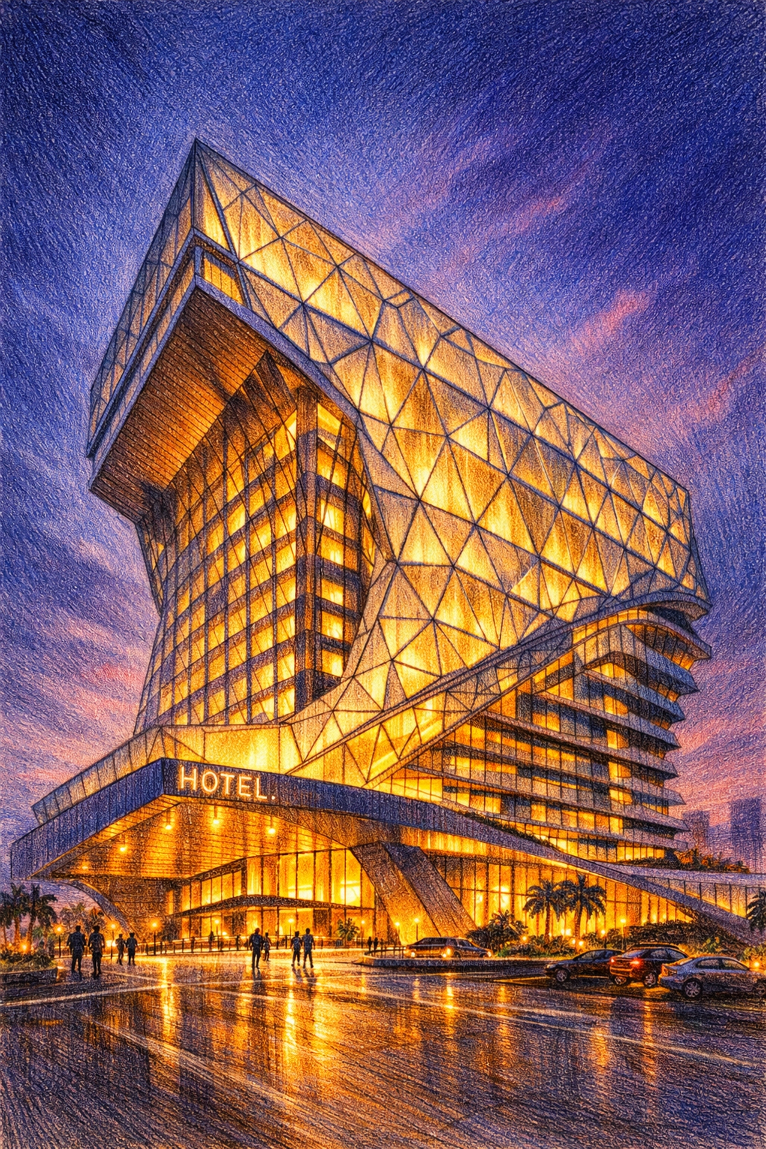 Innovative modern hotel building with a translucent geometric facade glowing against a twilight sky.