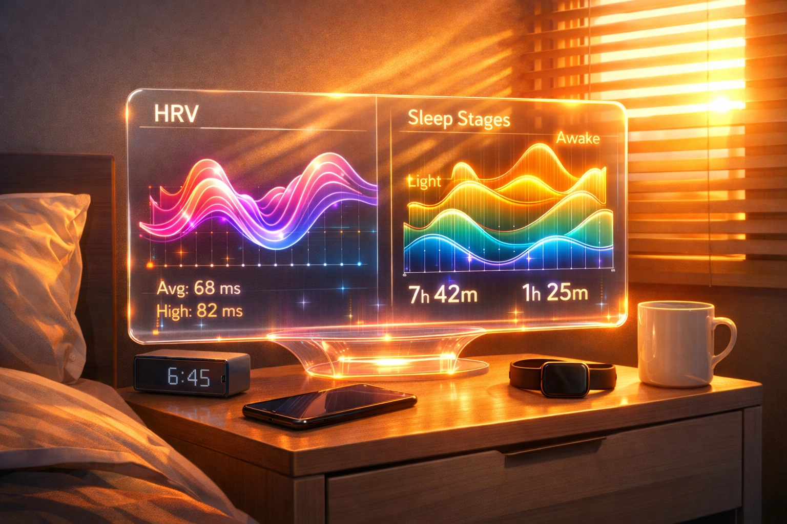 Digital dashboard showing sleep analytics and heart rate variability for personalized sleep coaching.