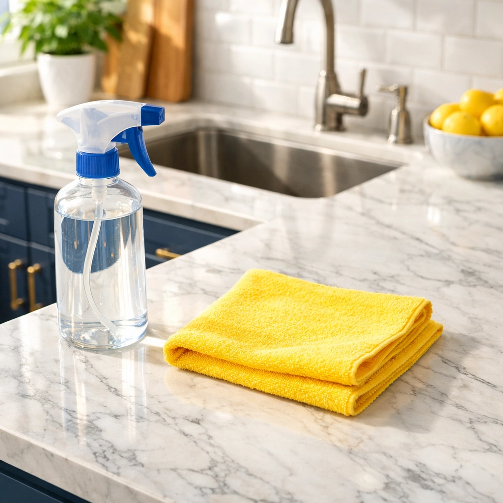 Clean modern kitchen with yellow cloth and disinfectant spray for weekly germ maintenance in MA.