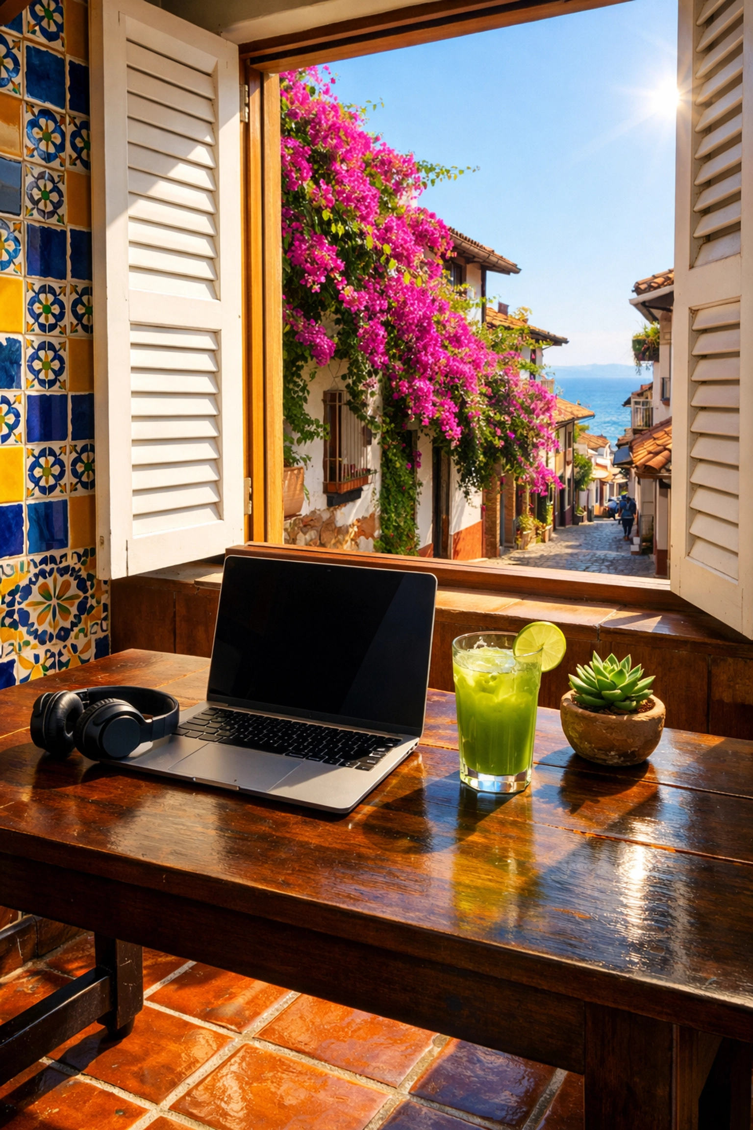 Modern workspace in a Puerto Vallarta Old Town condo rental with a laptop and bright bougainvillea outside.
