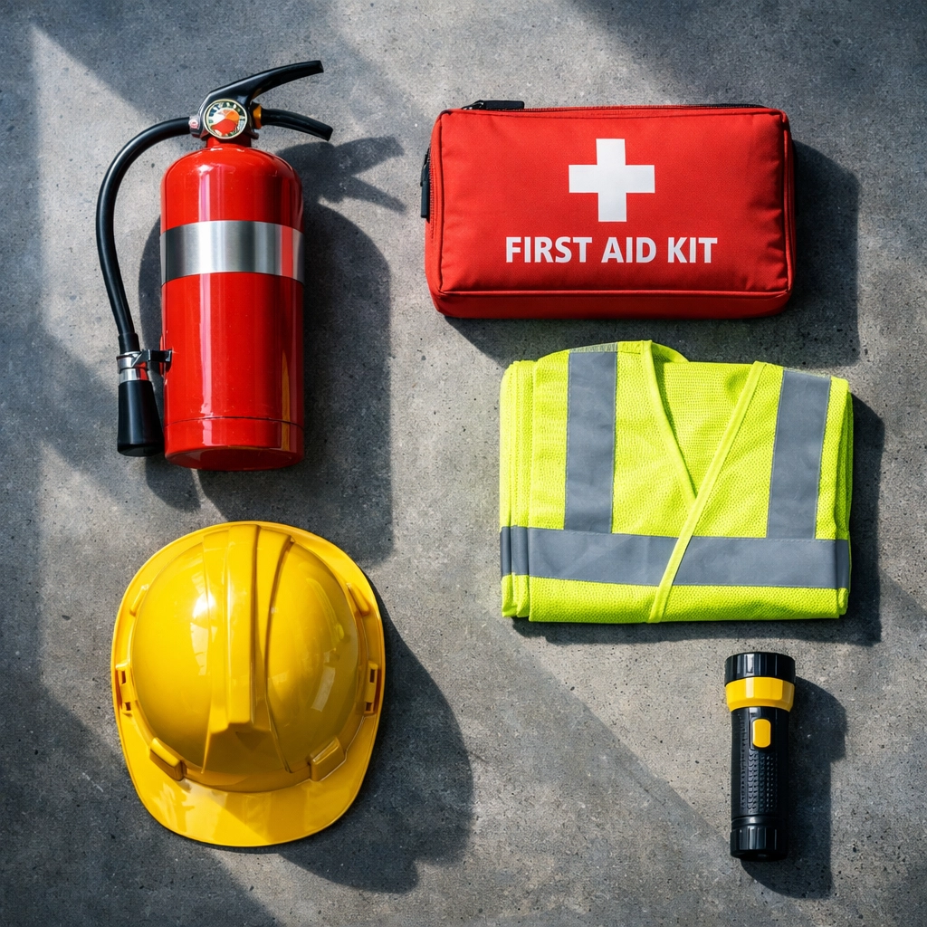 Emergency response equipment including fire extinguisher, first aid kit, and safety gear