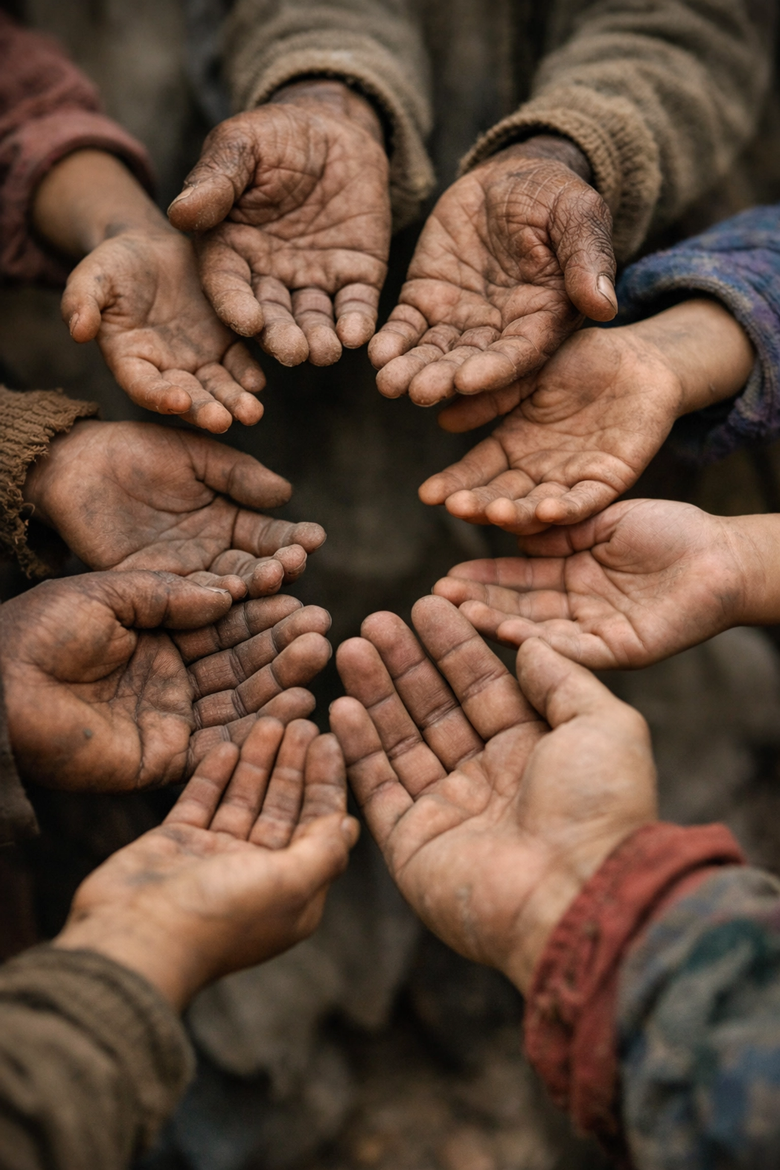 Diverse hands reaching together symbolizing global humanitarian need and hope for aid