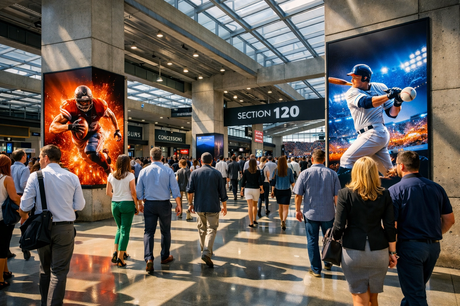 Fans in a stadium concourse surrounded by digital out-of-home advertising displays.