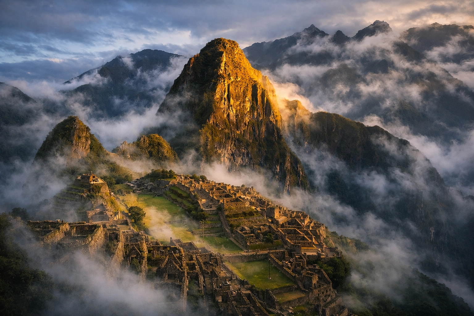 Professional landscape of Machu Picchu ruins at sunrise with misty mountain peaks.