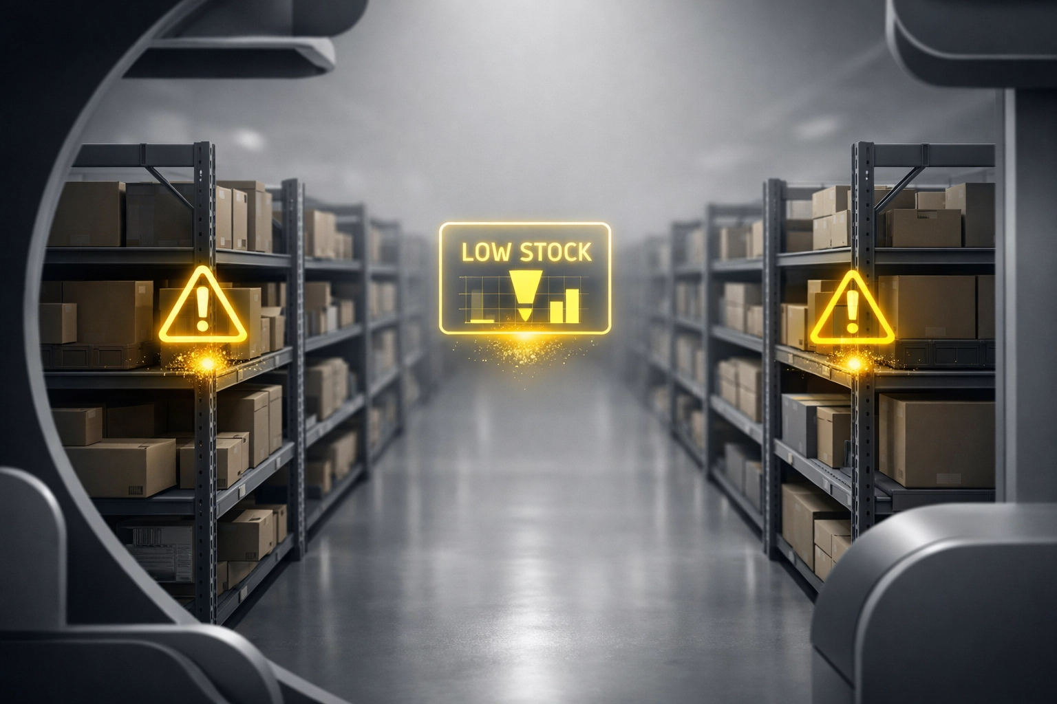 Amazon FBA warehouse interior with low inventory alerts and stock level warnings