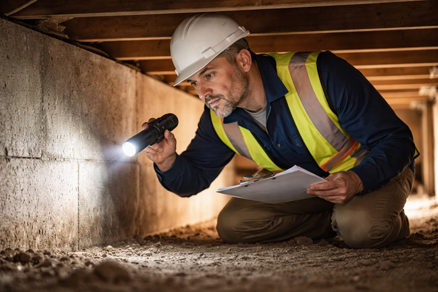 Photorealistic photo of a home inspector examining a property foundation with a flashlight and clipboard during due diligence