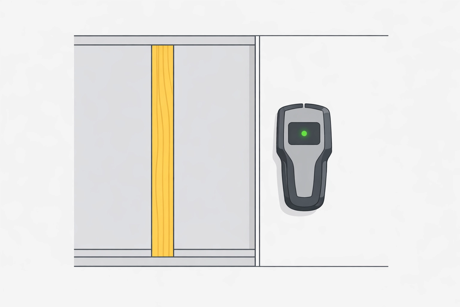 A stud finder tool detecting a wooden wall stud for safe TV mounting installation.