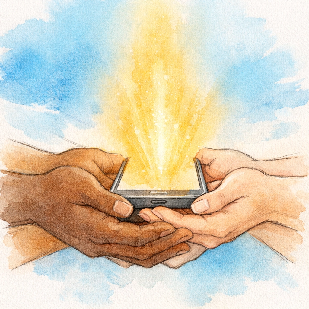 Hands holding smartphone in prayer, transforming technology into spiritual connection and peace