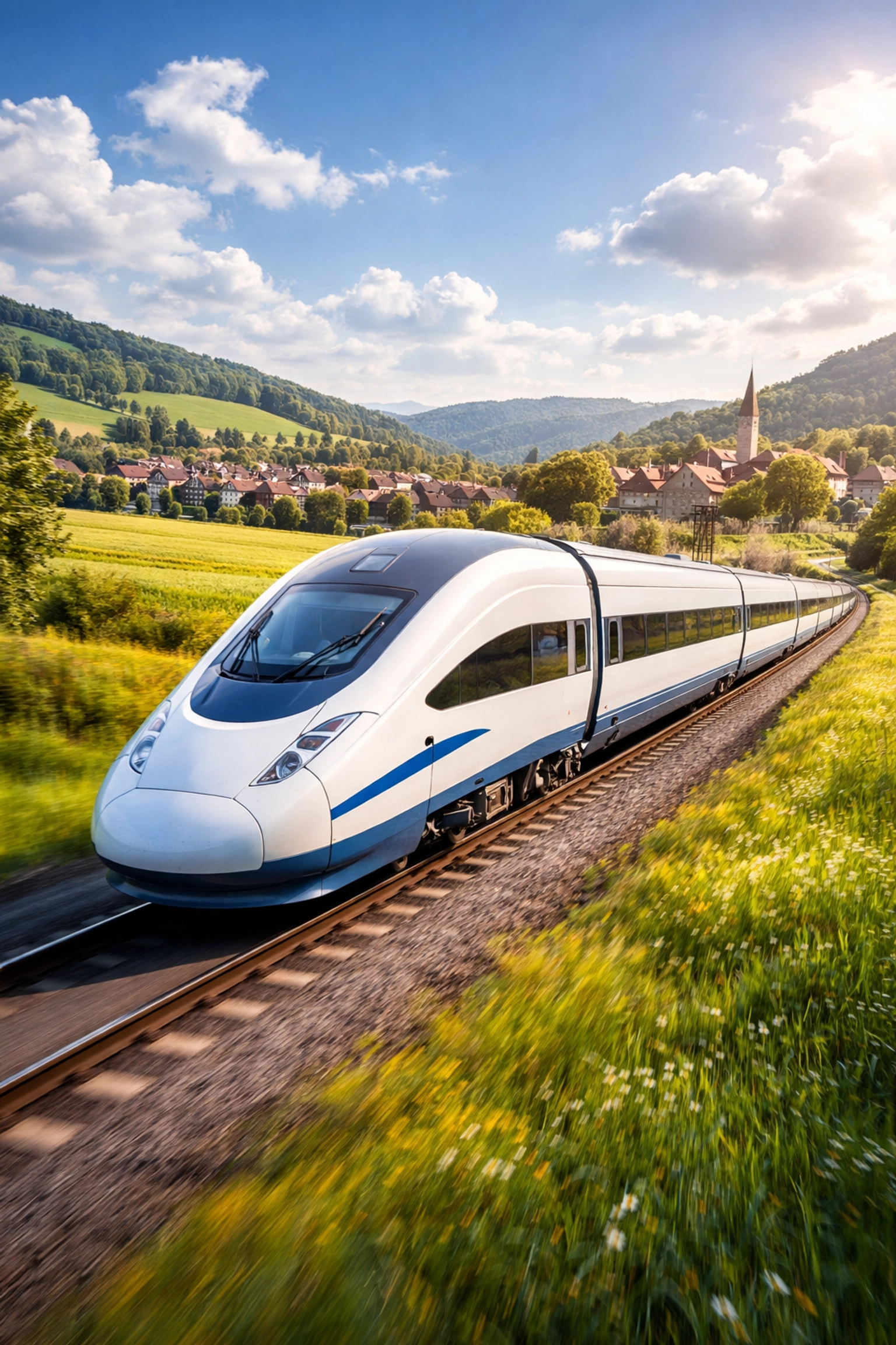 European high-speed train passes through scenic countryside, showing easy and efficient travel between top destinations.