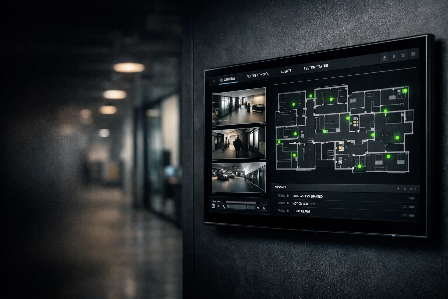 Genetec security center dashboard showing unified video surveillance and facility access control maps.