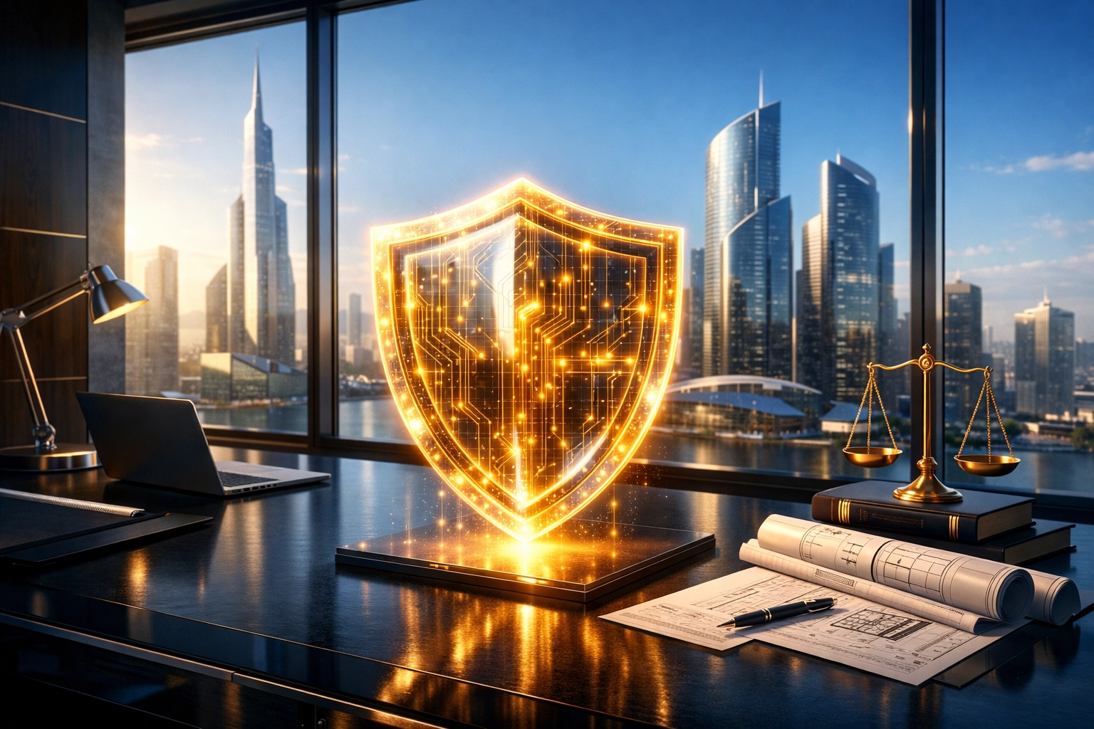 Holographic security shield in a futuristic office representing Larecoin's US compliant Web3 payment solutions.