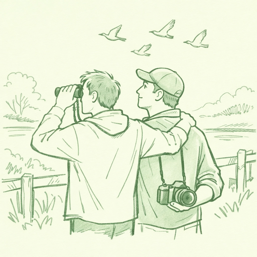 Gay couple wildlife photographers documenting birds at conservation sanctuary